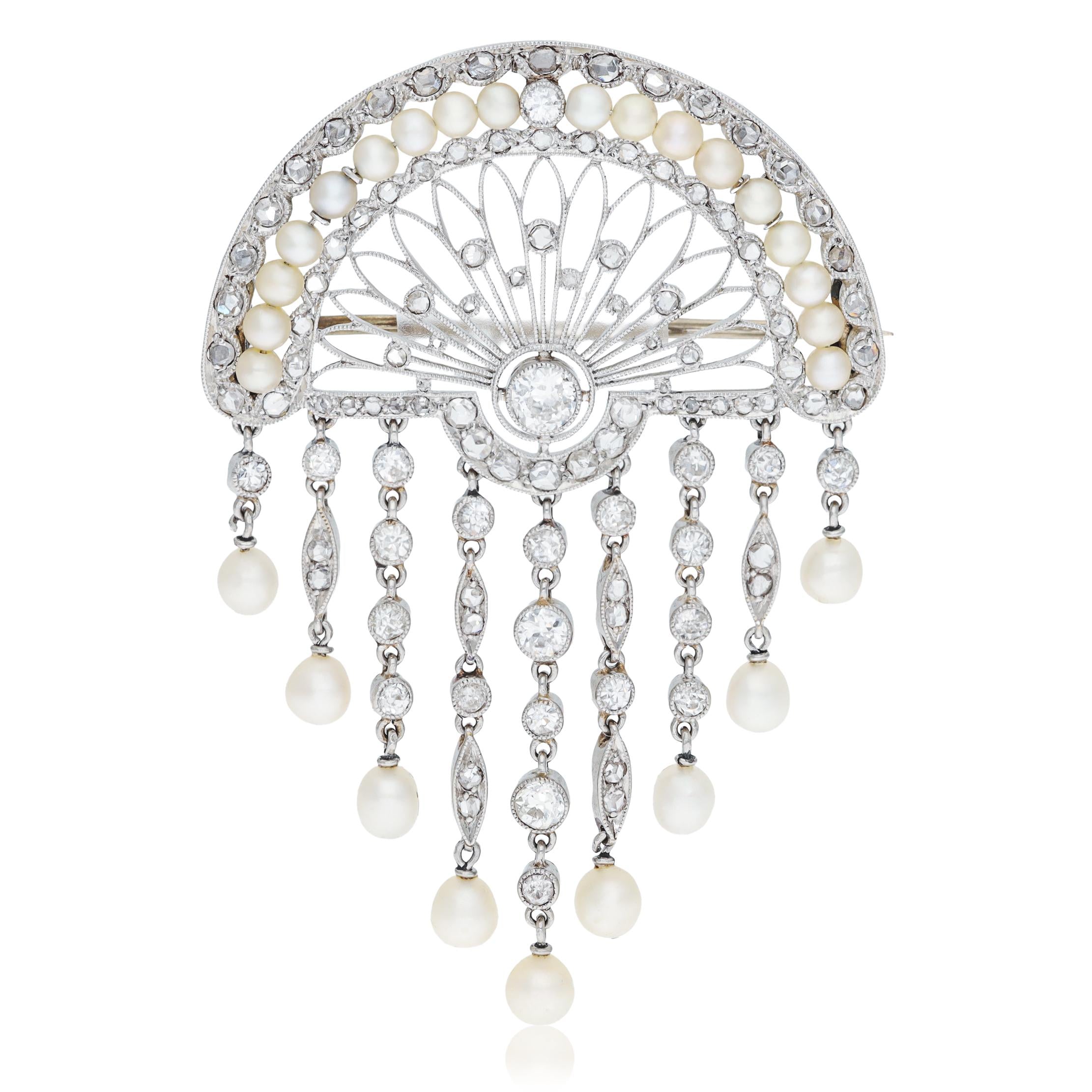 BELLE ÉPOQUE Platinum Diamond & Pearl Fan Tassel Brooch, Circa 1910