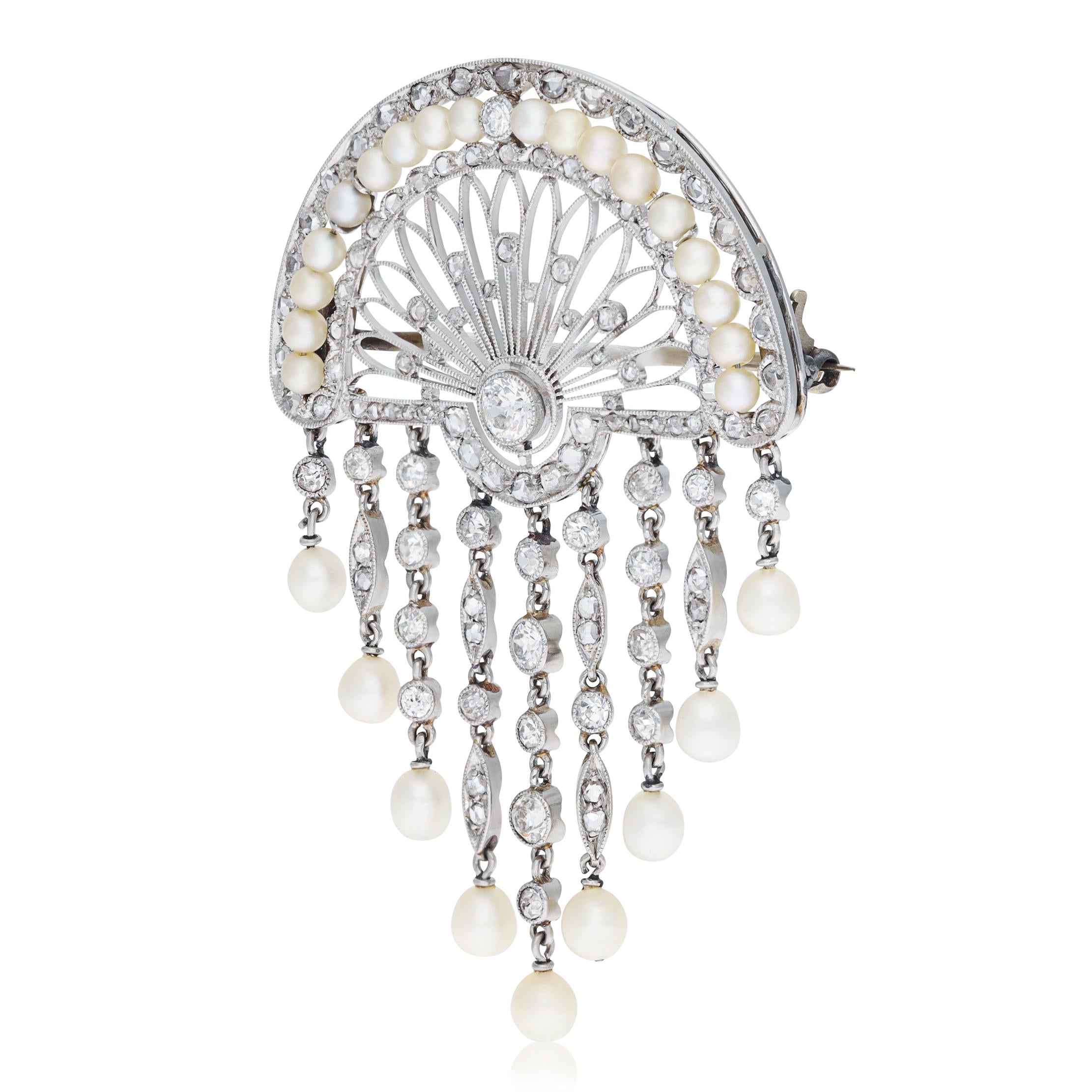 BELLE ÉPOQUE Platinum Diamond & Pearl Fan Tassel Brooch, Circa 1910