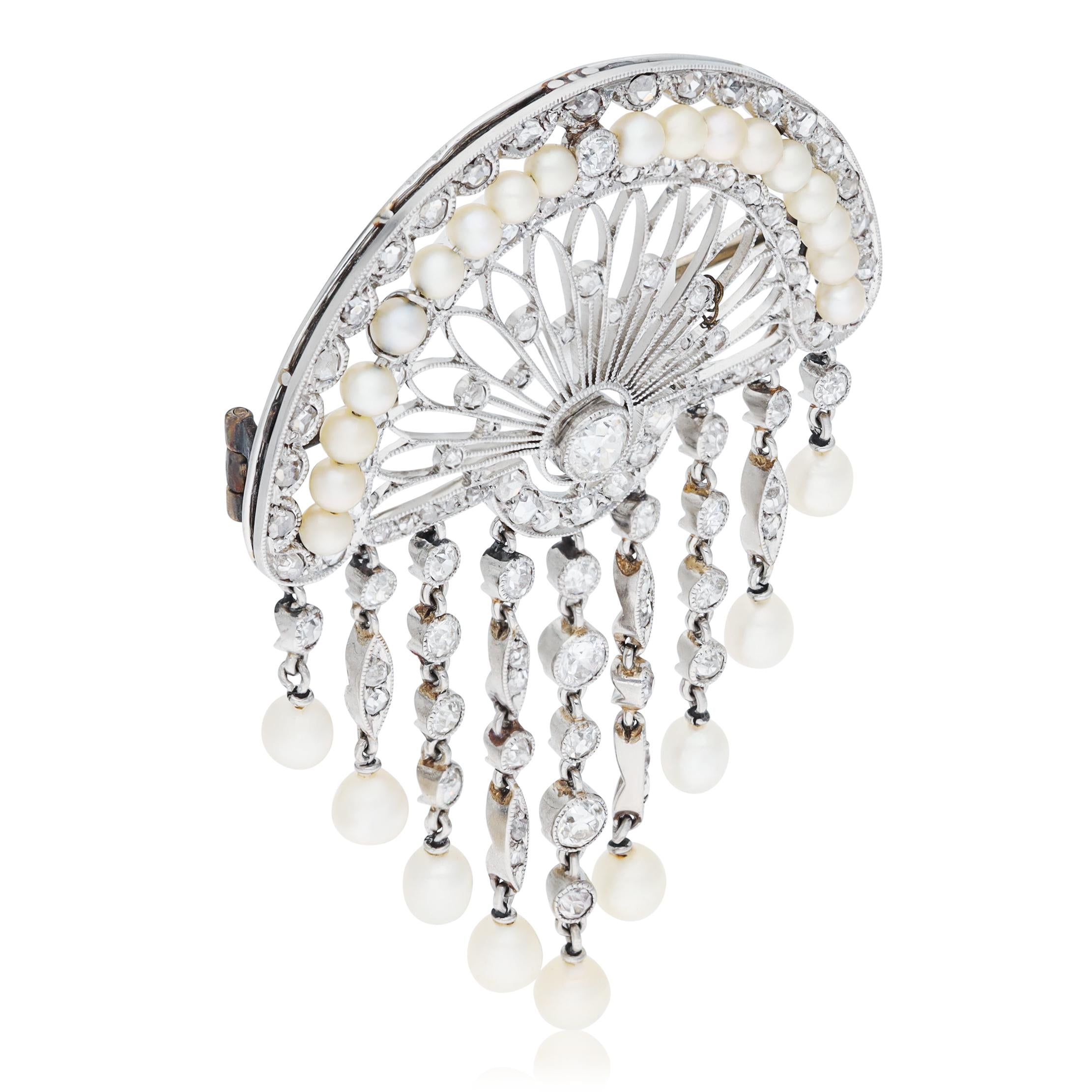 BELLE ÉPOQUE Platinum Diamond & Pearl Fan Tassel Brooch, Circa 1910