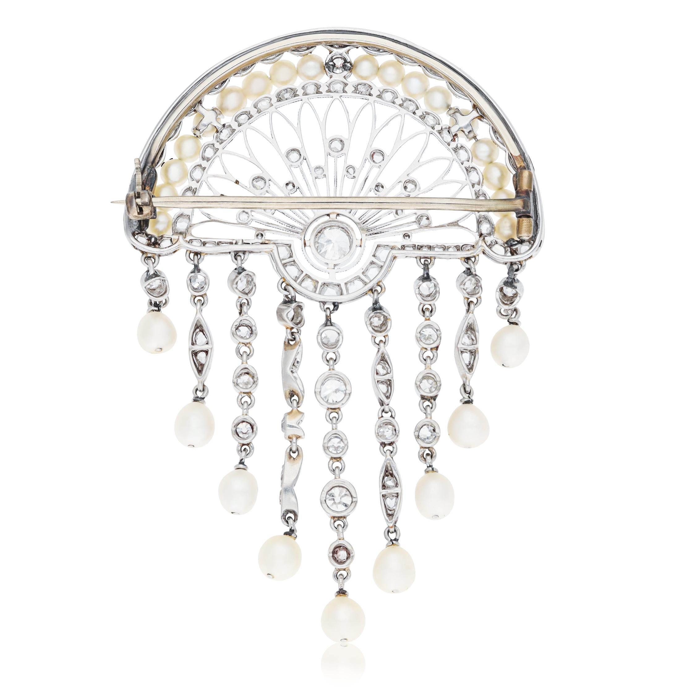 BELLE ÉPOQUE Platinum Diamond & Pearl Fan Tassel Brooch, Circa 1910