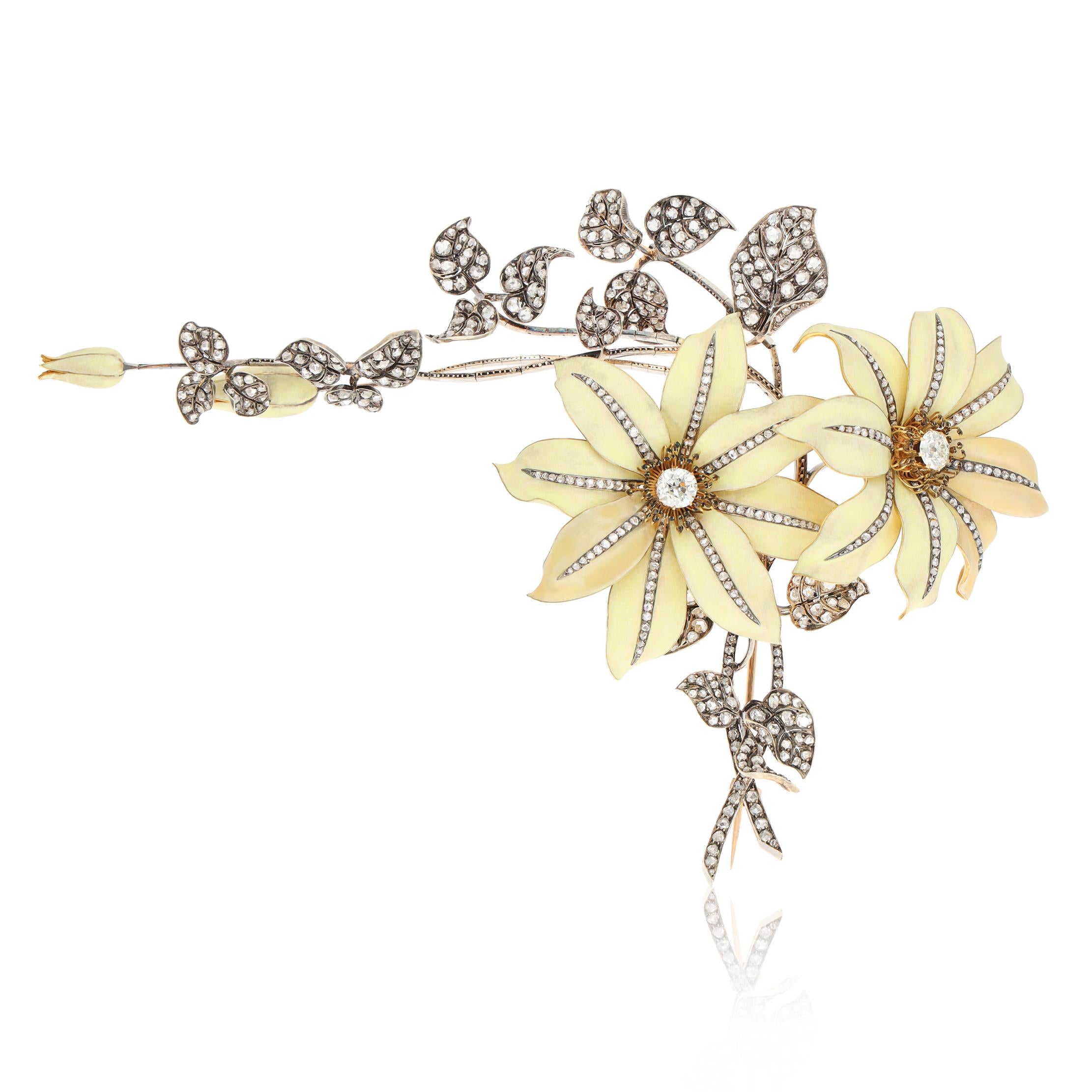 18K Gold, Enamel and Diamond Tremblant Flower & Leaf Brooch