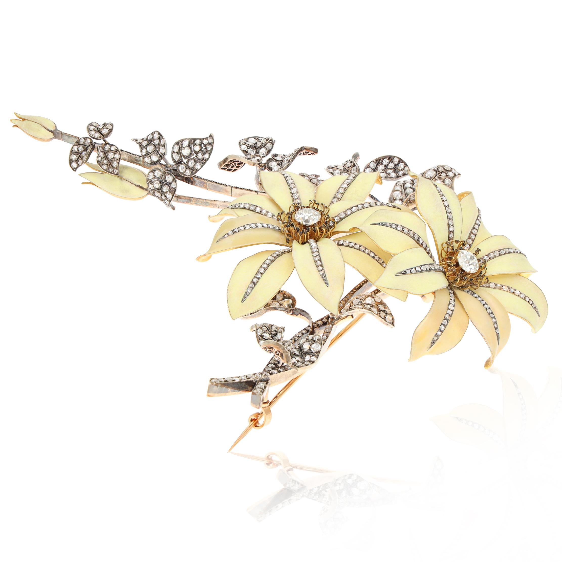 18K Gold, Enamel and Diamond Tremblant Flower & Leaf Brooch
