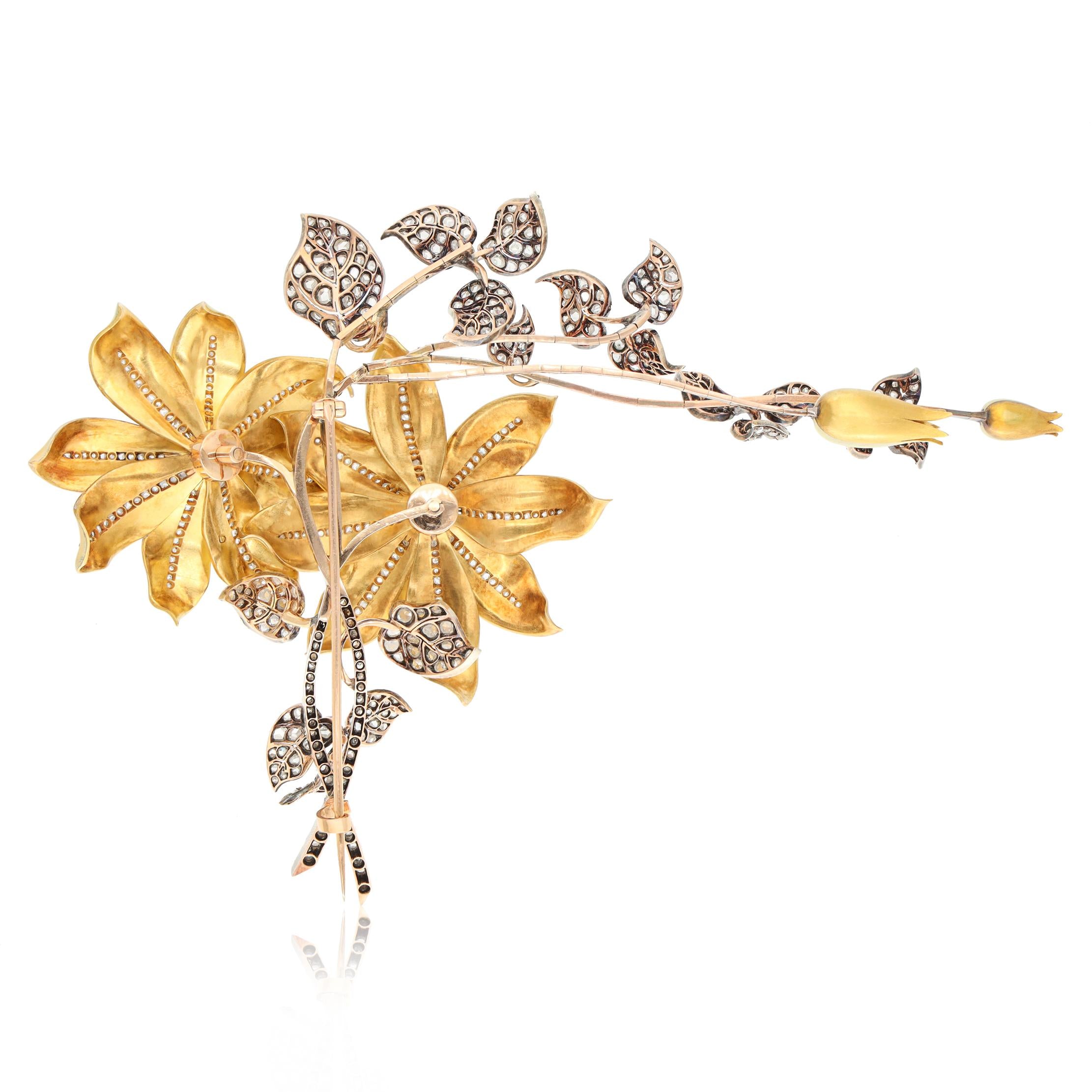 18K Gold, Enamel and Diamond Tremblant Flower & Leaf Brooch