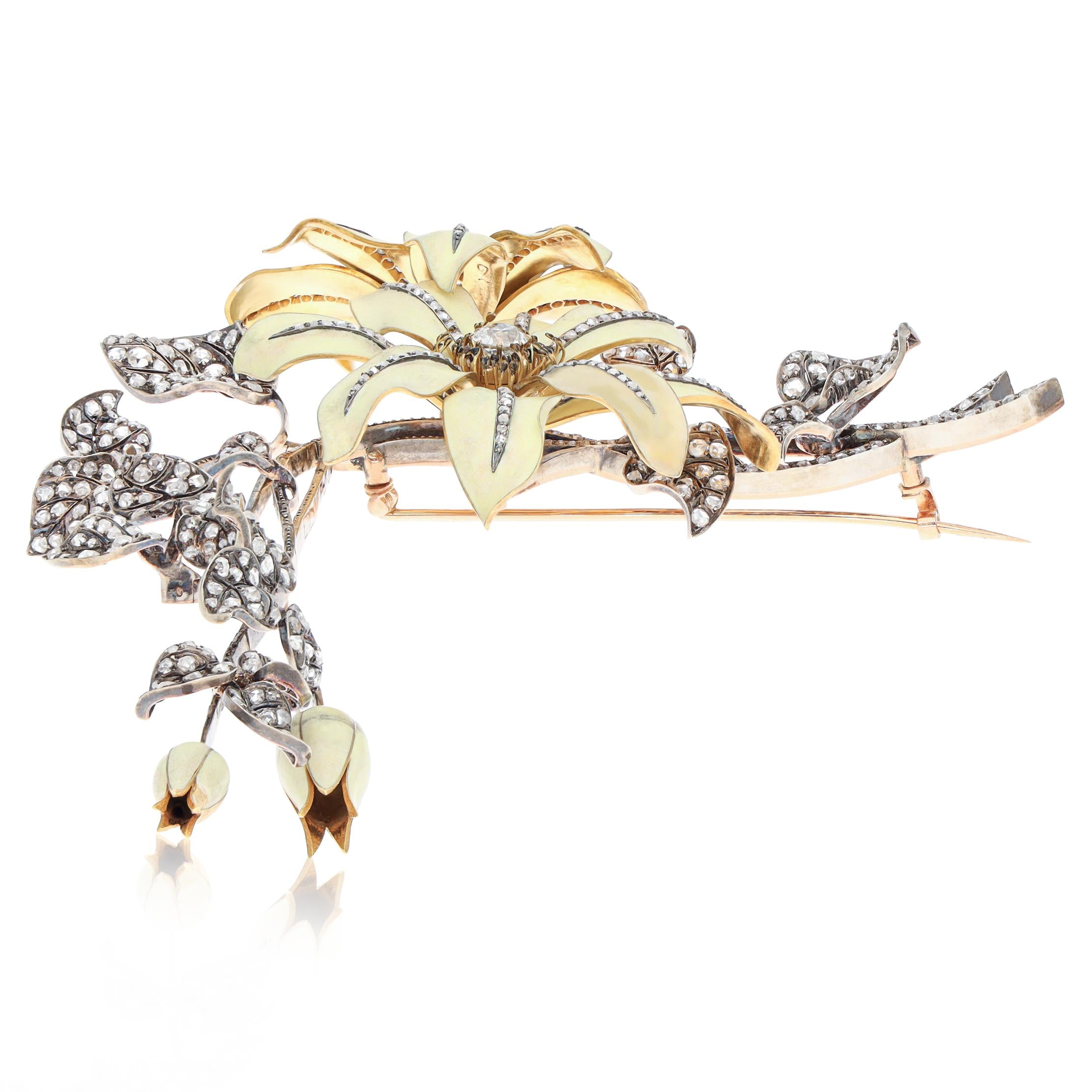 18K Gold, Enamel and Diamond Tremblant Flower & Leaf Brooch
