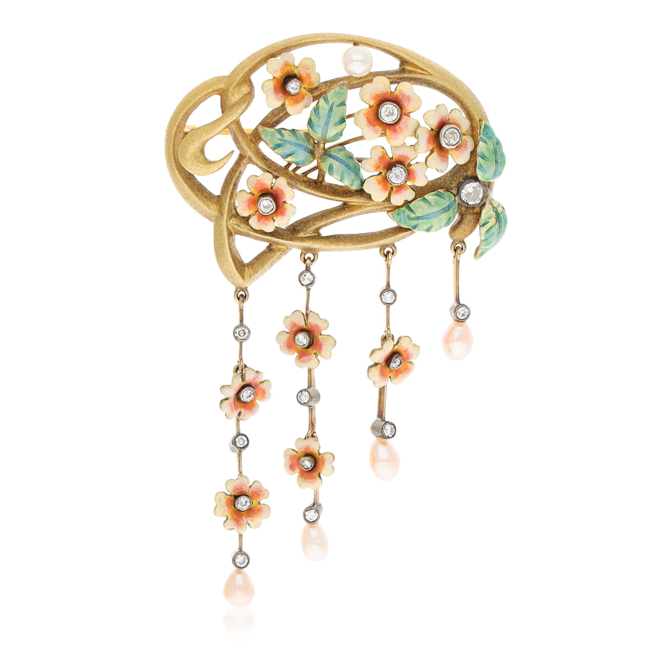 18K Yellow Gold Art Nouveau Style Pearl, Diamond and Enamel Flower Brooch