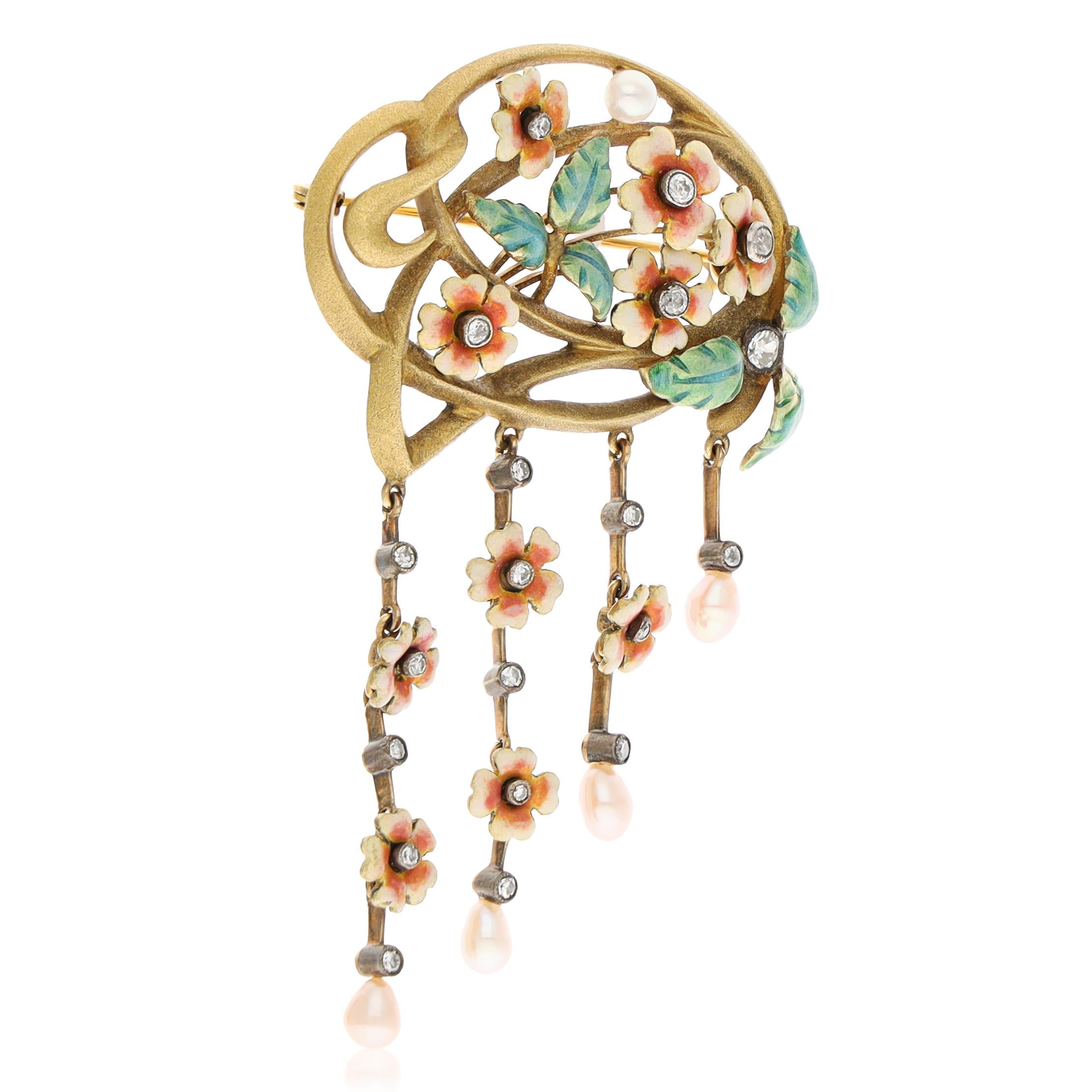 18K Yellow Gold Art Nouveau Style Pearl, Diamond and Enamel Flower Brooch