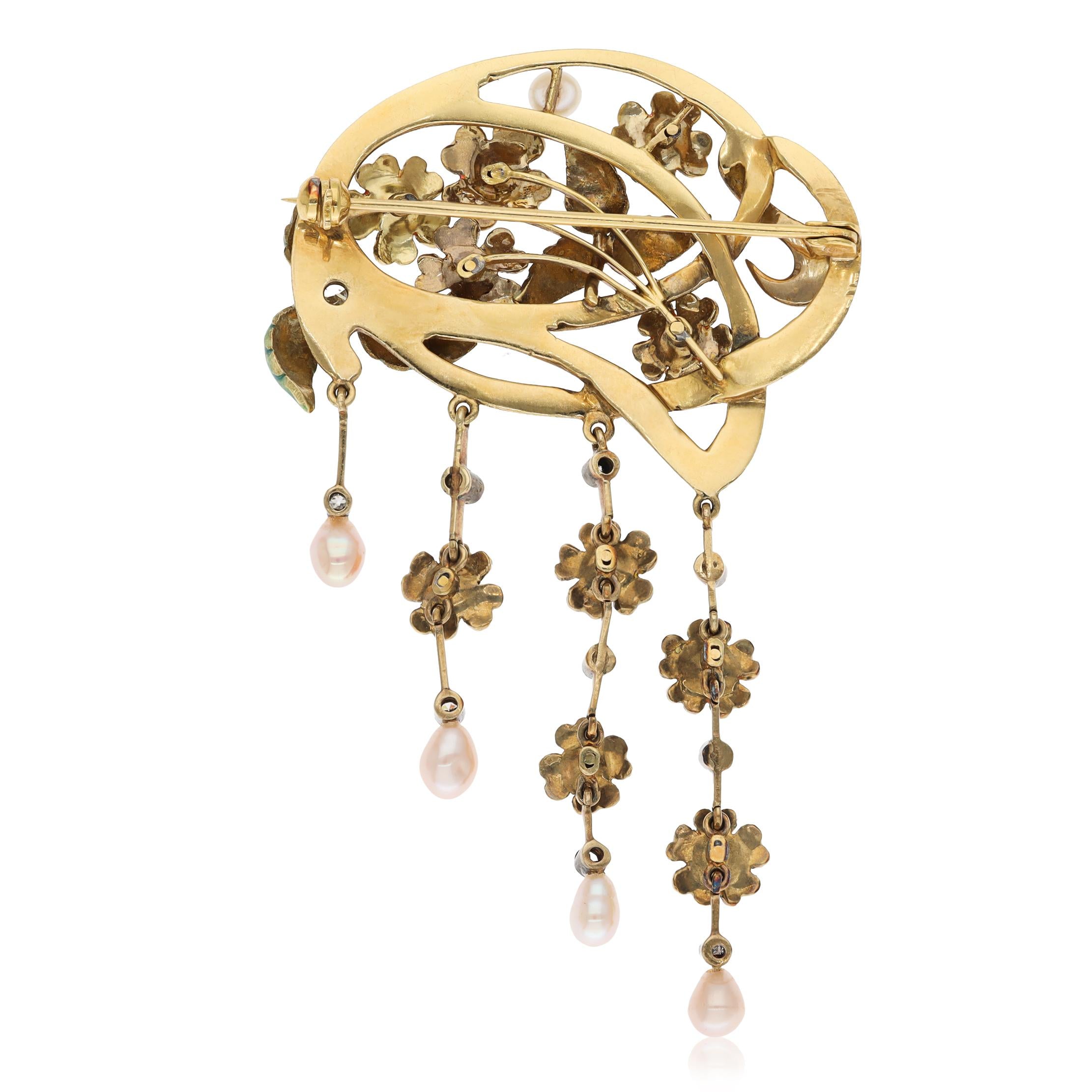 18K Yellow Gold Art Nouveau Style Pearl, Diamond and Enamel Flower Brooch