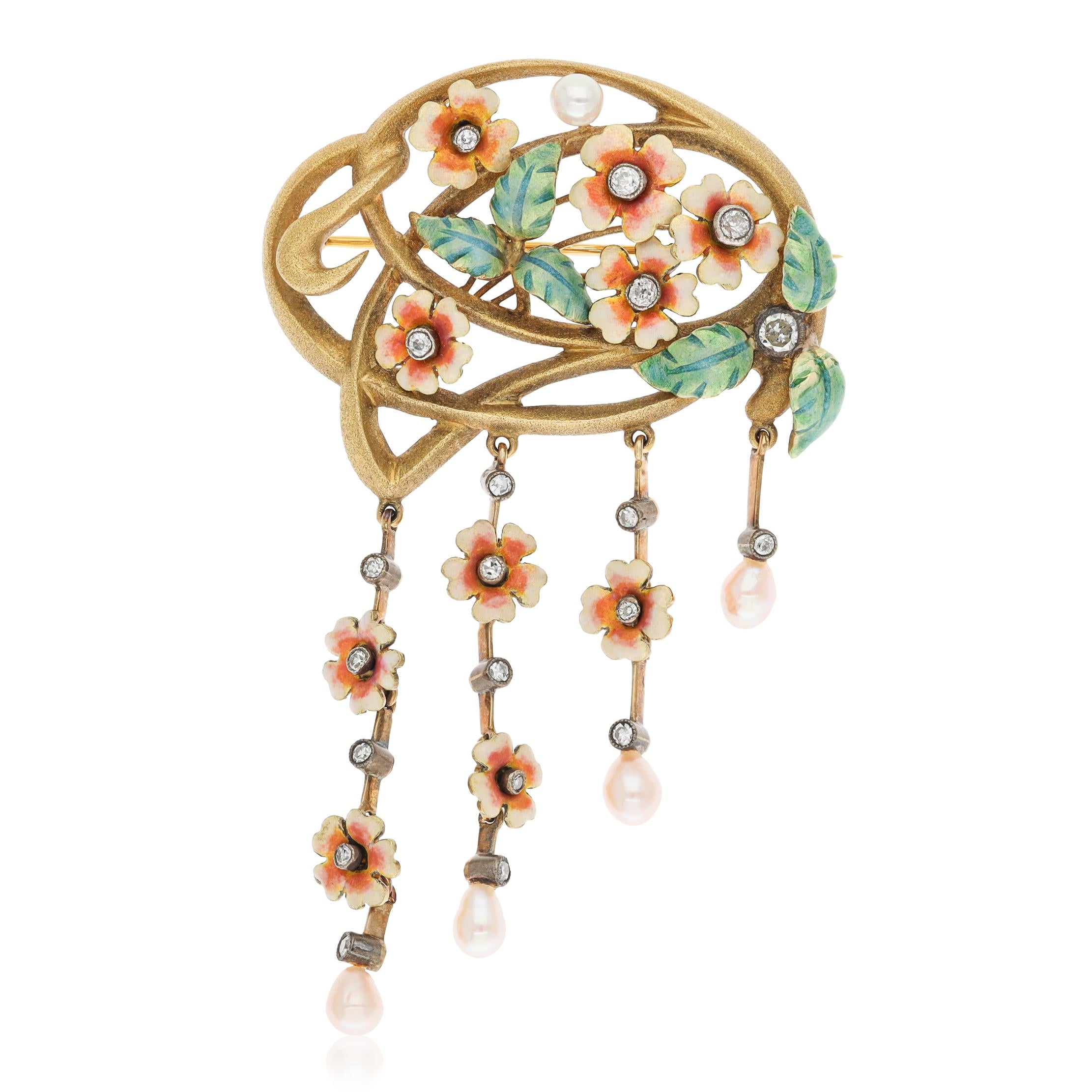 18K Yellow Gold Art Nouveau Style Pearl, Diamond and Enamel Flower Brooch