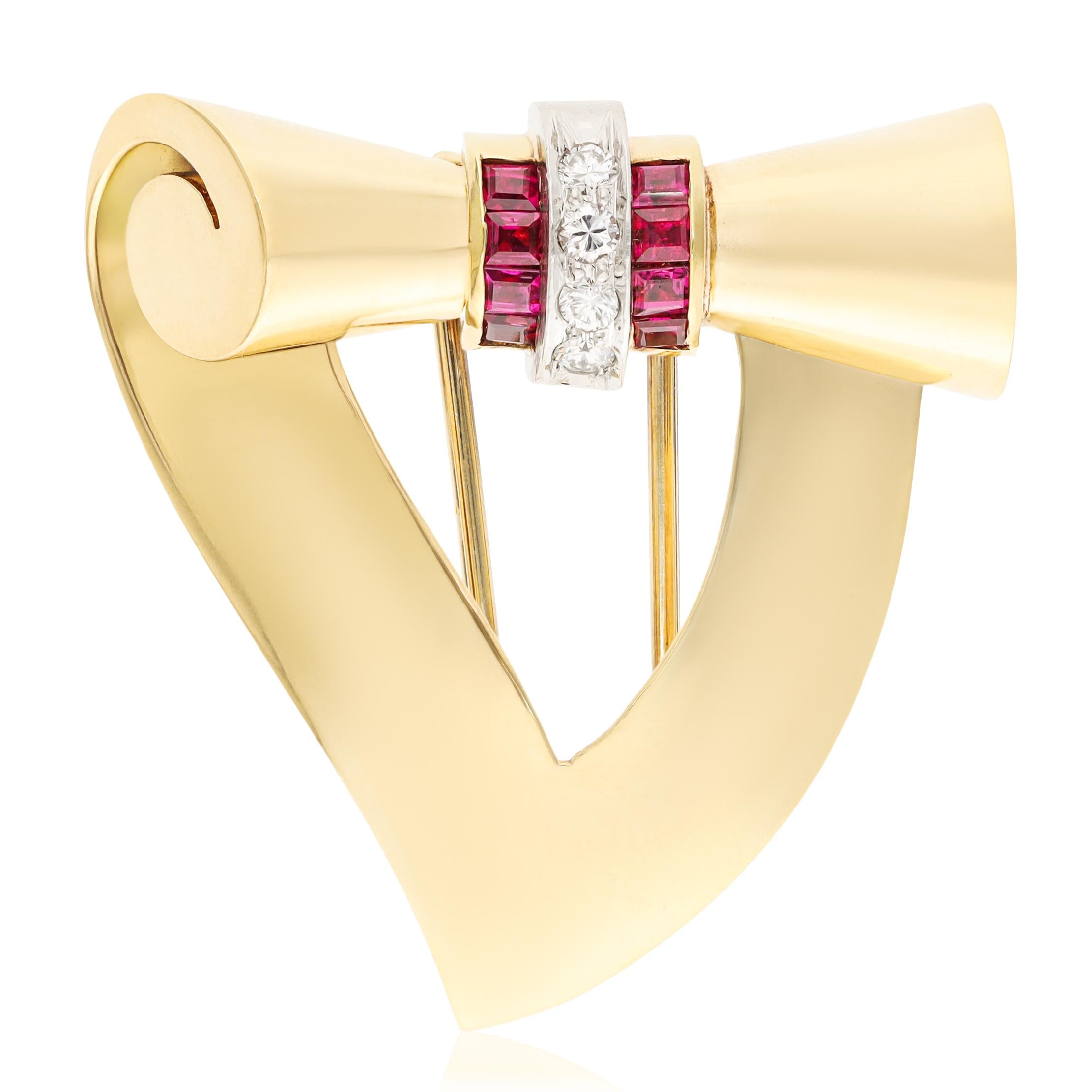 TIFFANY & CO. 18K Yellow Gold Ruby and Diamond Brooch