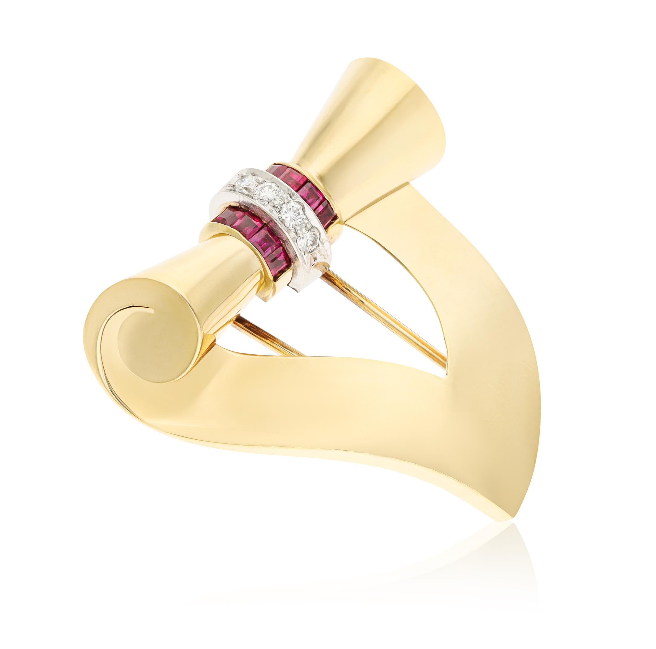 TIFFANY & CO. 18K Yellow Gold Ruby and Diamond Brooch