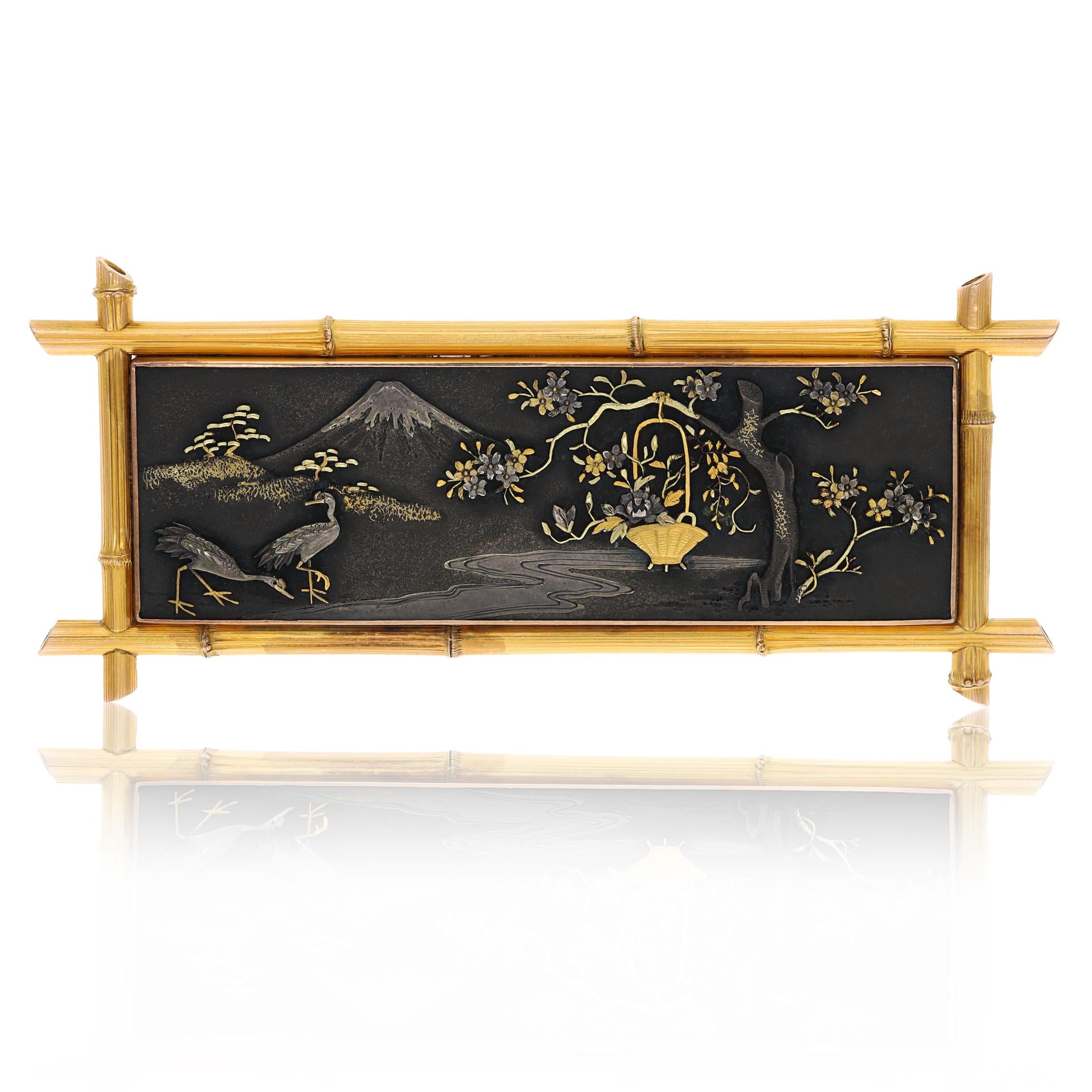 18K Yellow Gold & Gunmetal Japanese Landscape Brooch