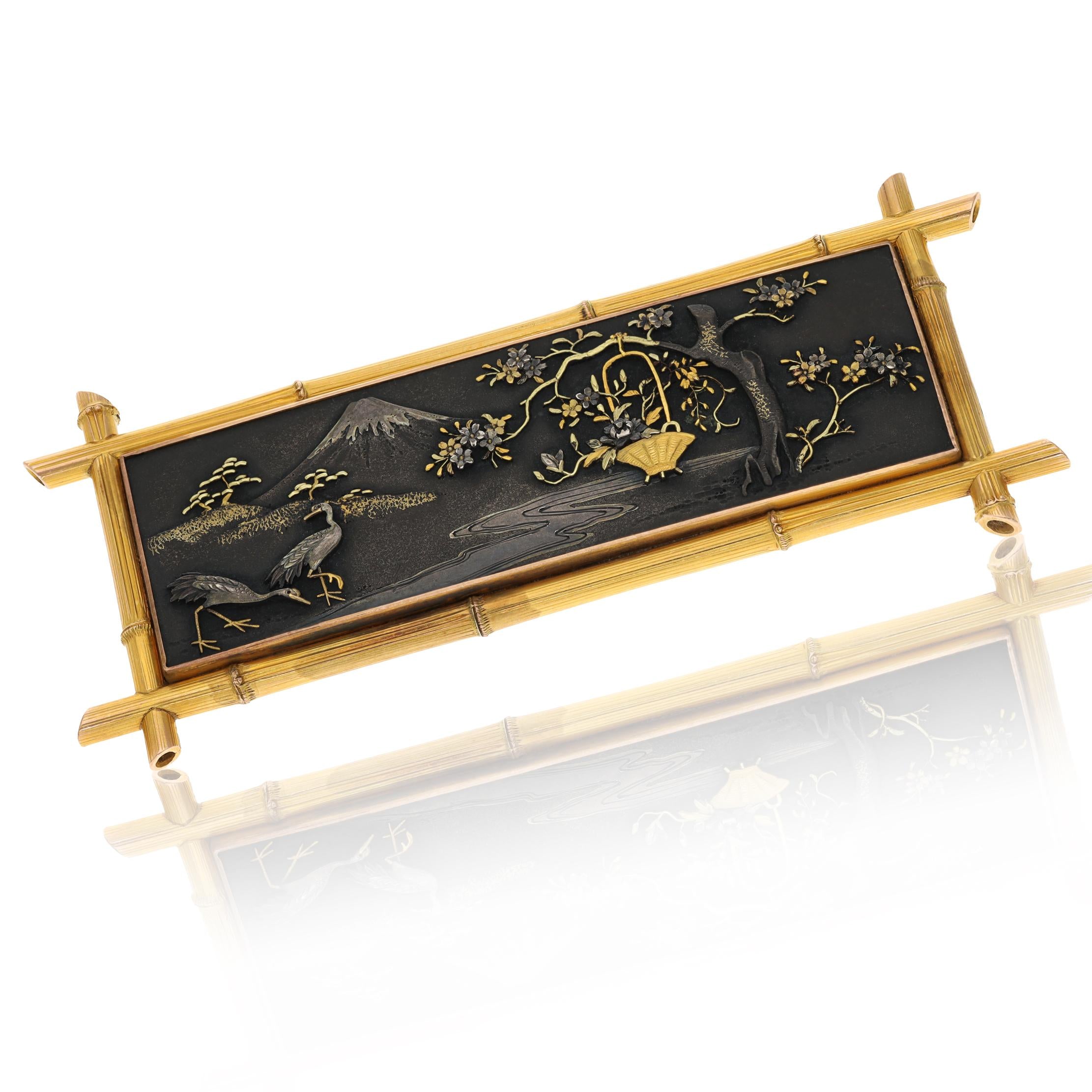 18K Yellow Gold & Gunmetal Japanese Landscape Brooch