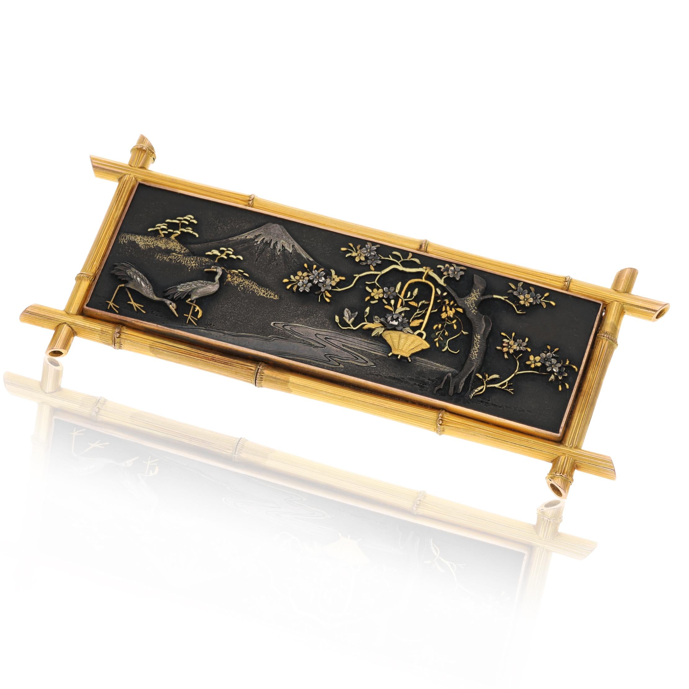18K Yellow Gold & Gunmetal Japanese Landscape Brooch