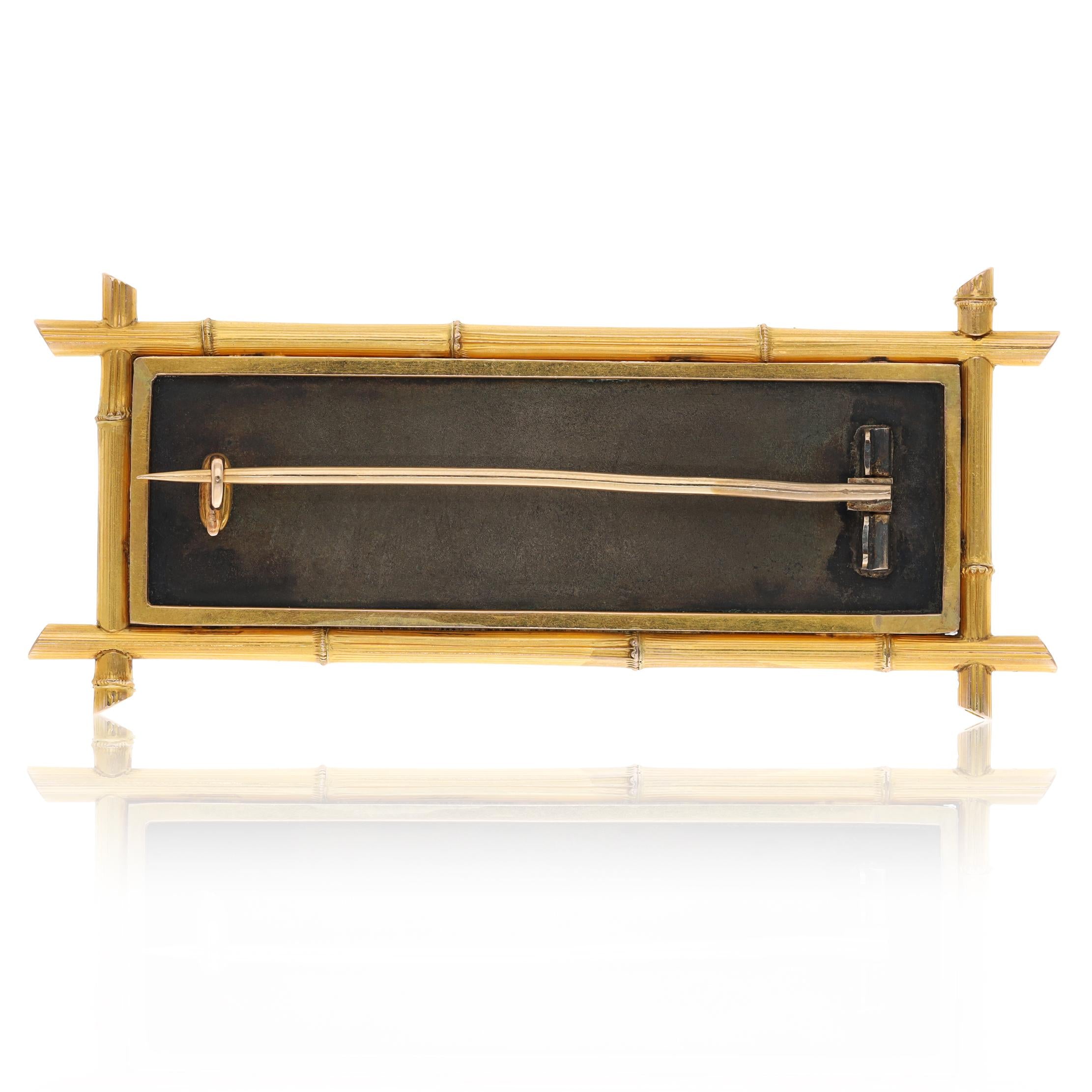 18K Yellow Gold & Gunmetal Japanese Landscape Brooch