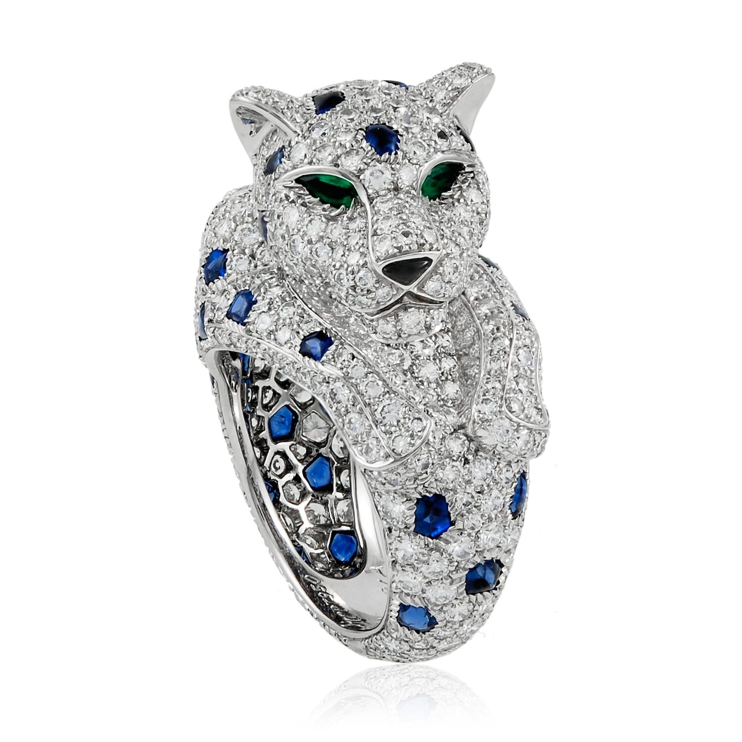 CARTIER Platinum Diamond, Sapphire and Emerald-Eyed Panther Ring