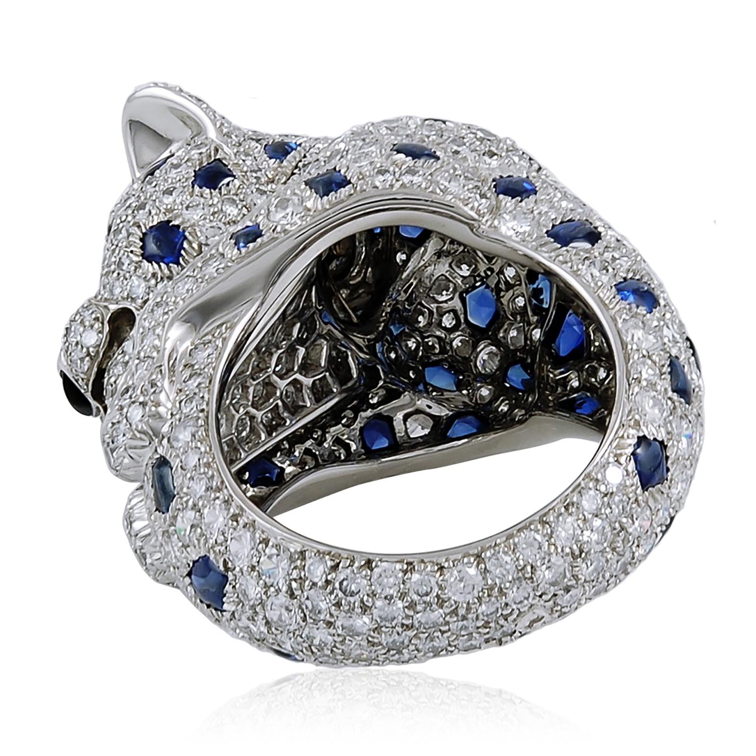 CARTIER Platinum Diamond, Sapphire and Emerald-Eyed Panther Ring