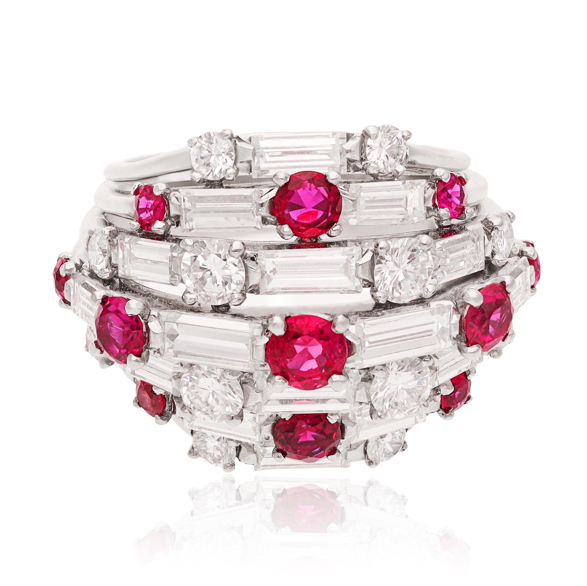 Van Cleef & Arpels Platinum Diamond and Ruby Dome Ring