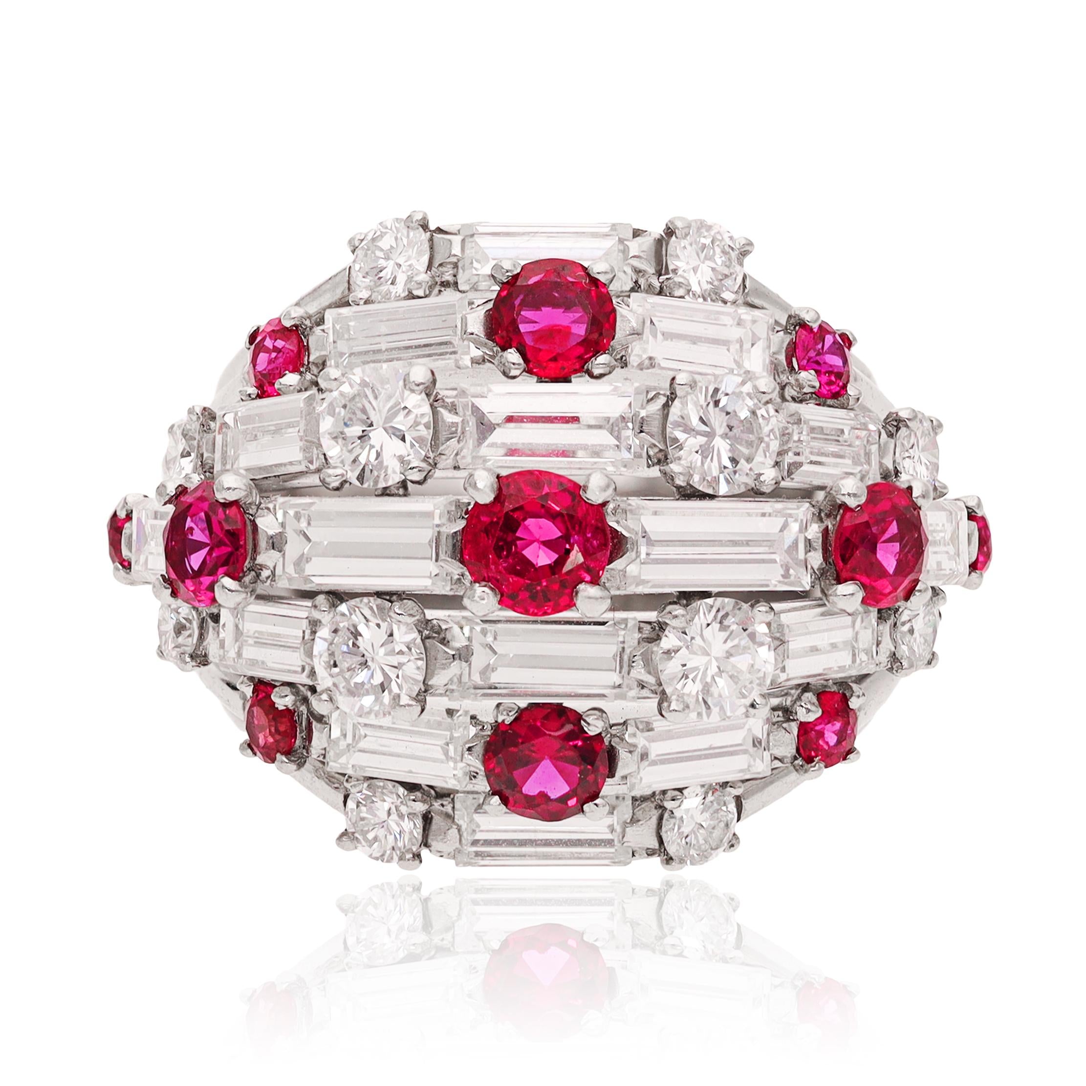 Van Cleef & Arpels Platinum Diamond and Ruby Dome Ring