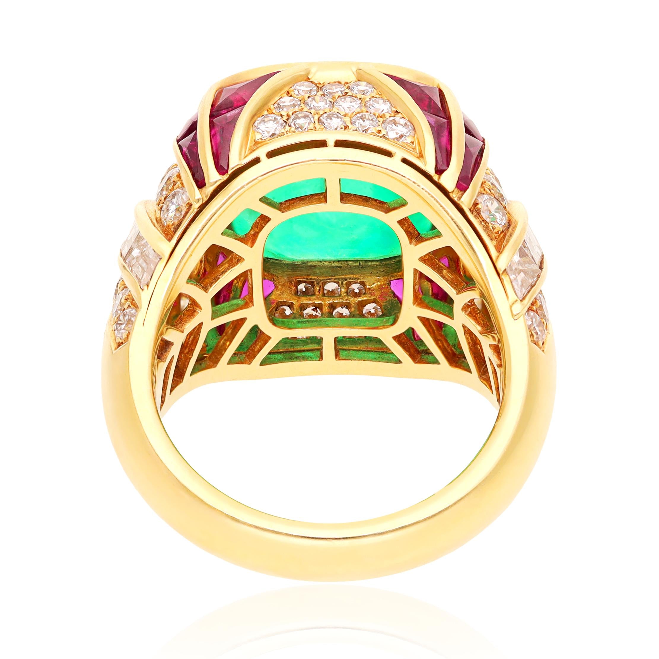 BULGARI 18K Yellow Gold Emerald, Ruby and Diamond Ring