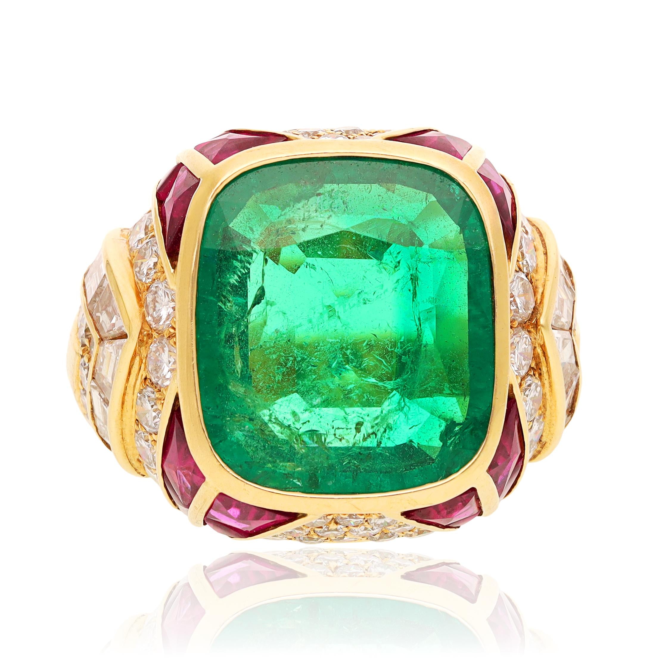 BULGARI 18K Yellow Gold Emerald, Ruby and Diamond Ring