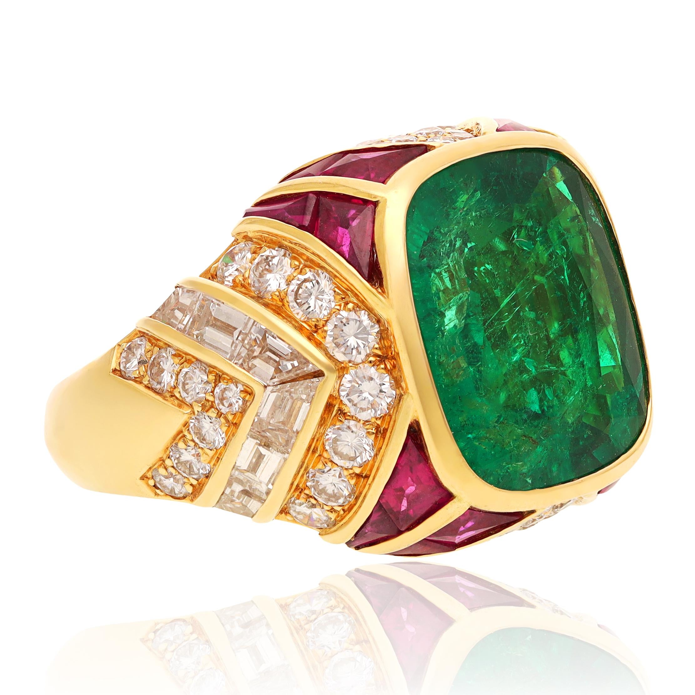 BULGARI 18K Yellow Gold Emerald, Ruby and Diamond Ring