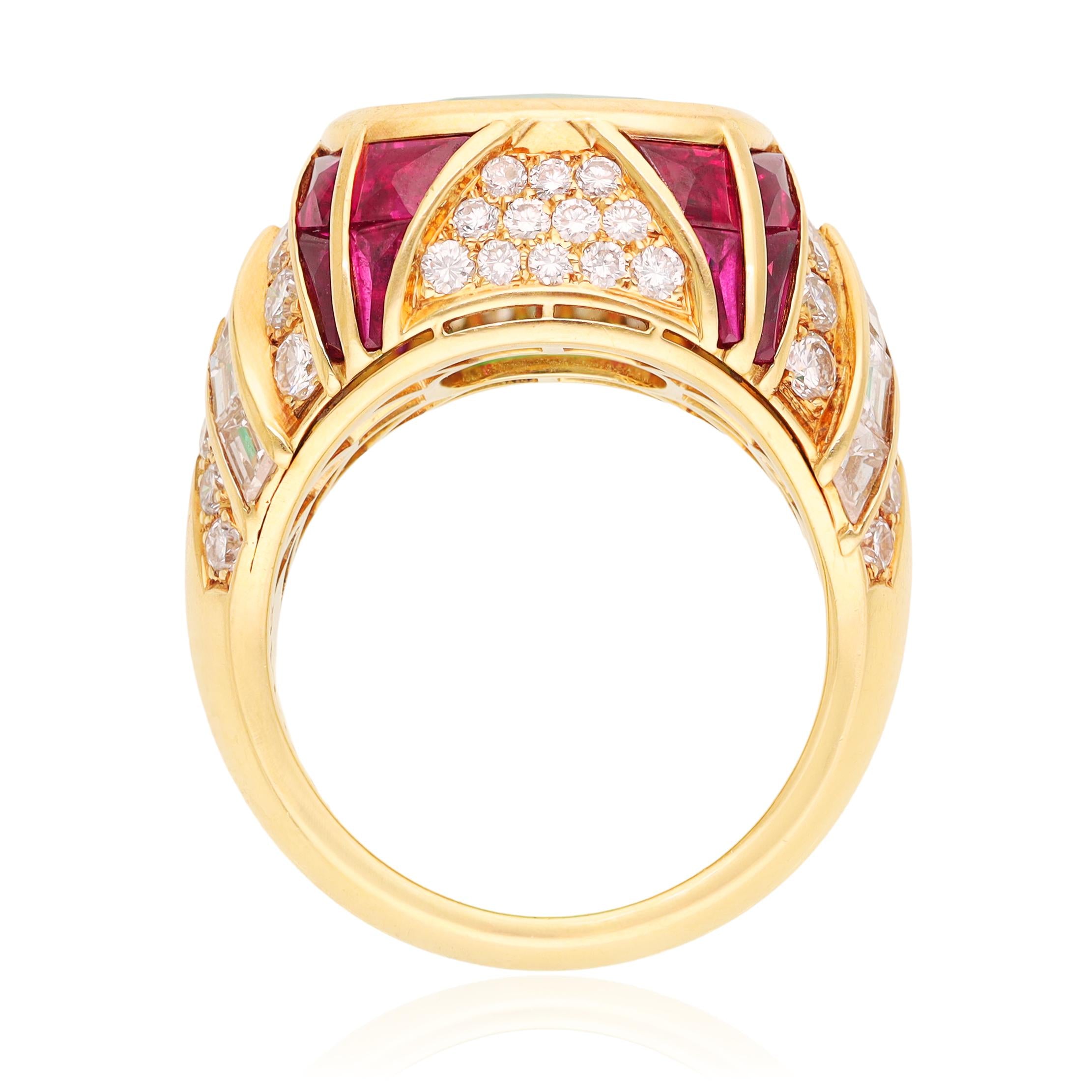 BULGARI 18K Yellow Gold Emerald, Ruby and Diamond Ring