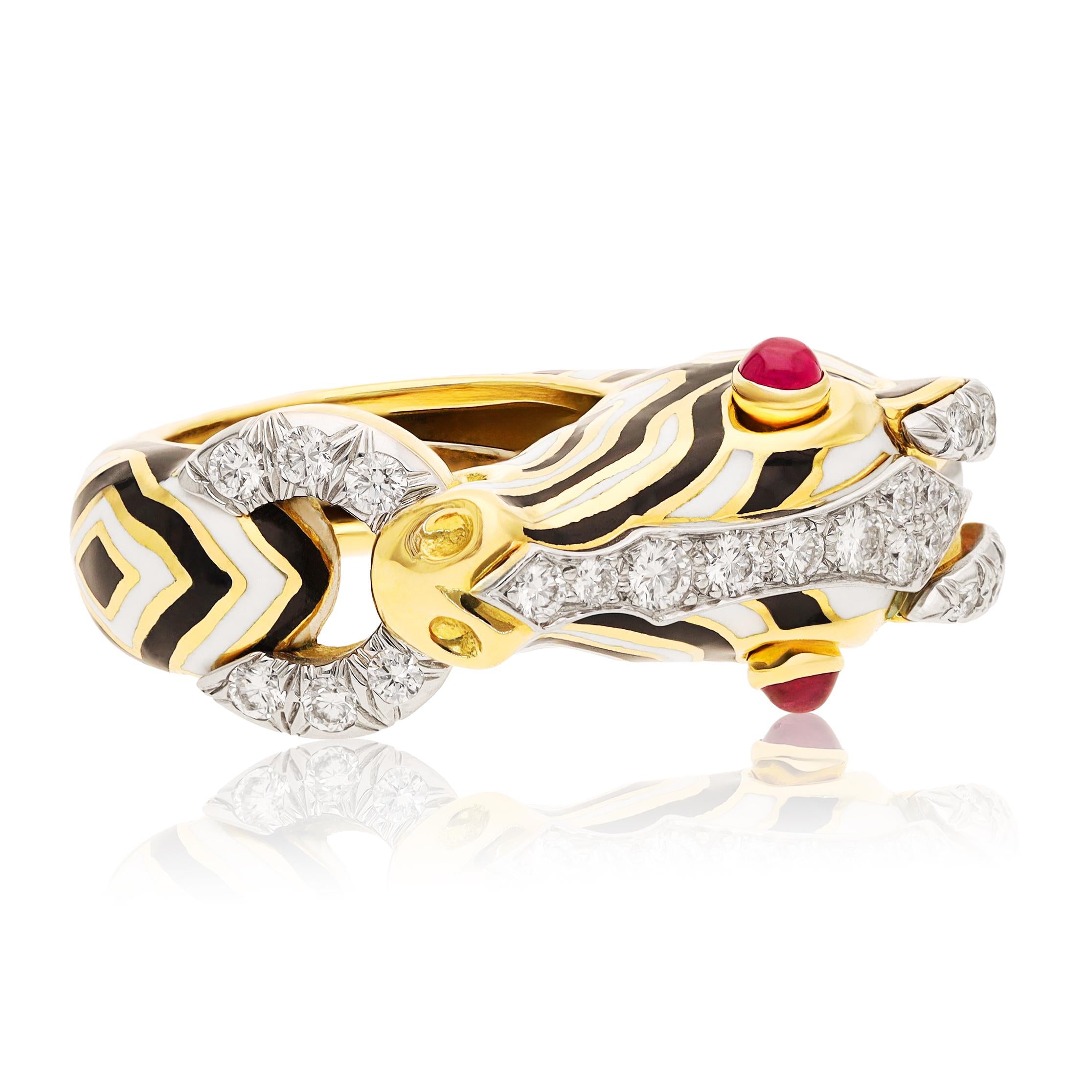 DAVID WEBB 18K Yellow Gold & Platinum Cabochon Ruby and Diamond Zebra Ring