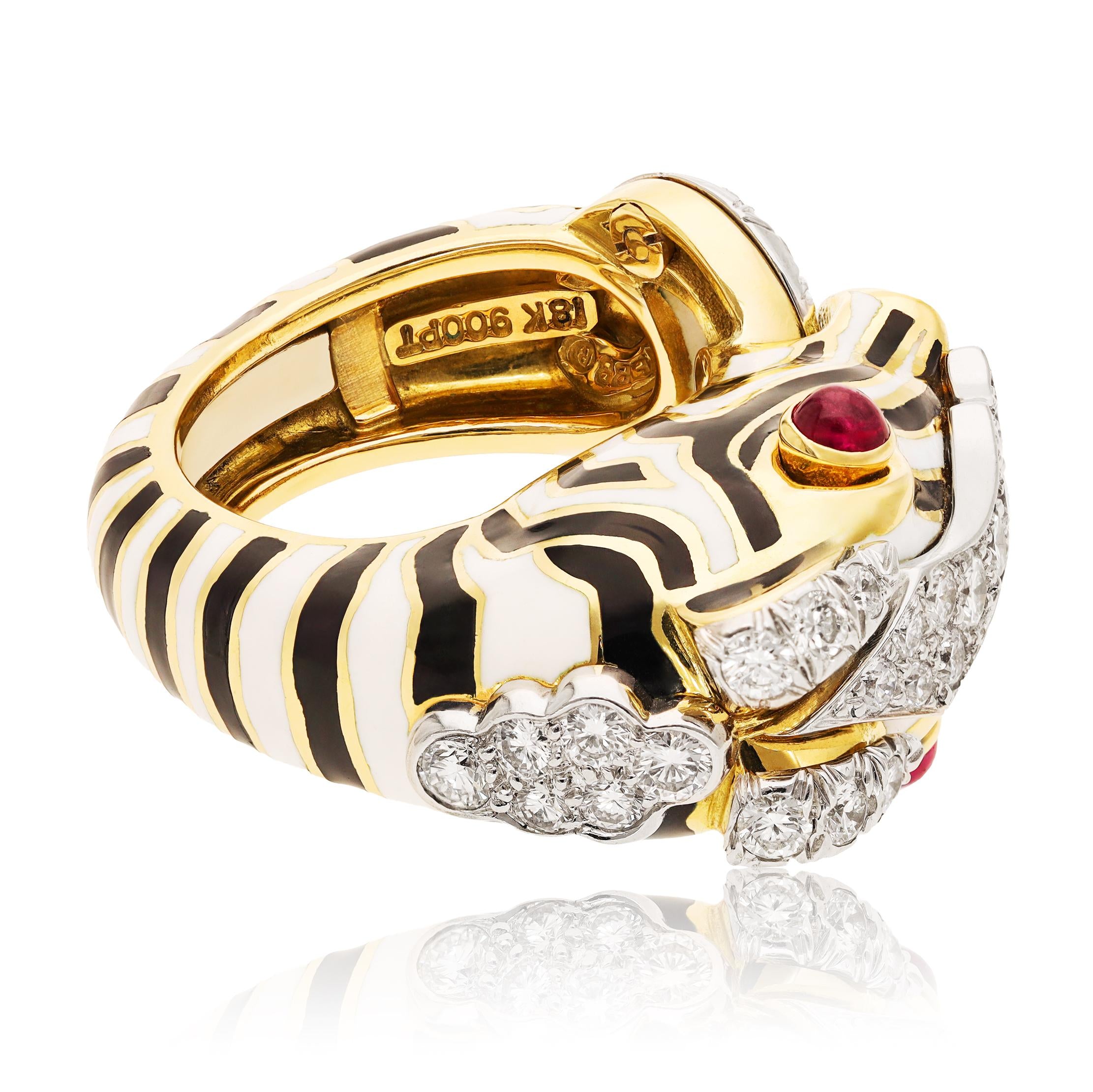 DAVID WEBB 18K Yellow Gold & Platinum Cabochon Ruby and Diamond Zebra Ring