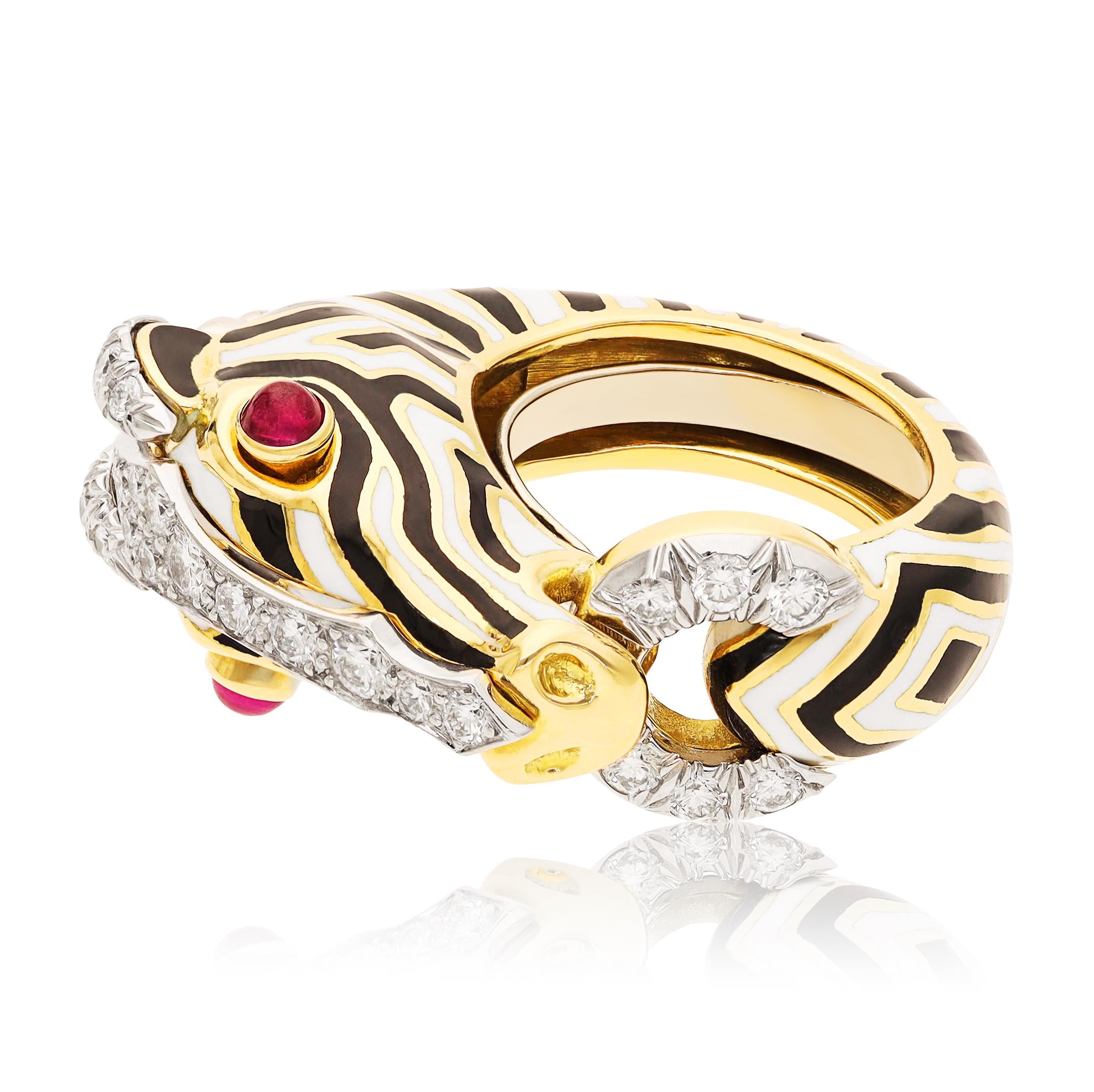 DAVID WEBB 18K Yellow Gold & Platinum Cabochon Ruby and Diamond Zebra Ring