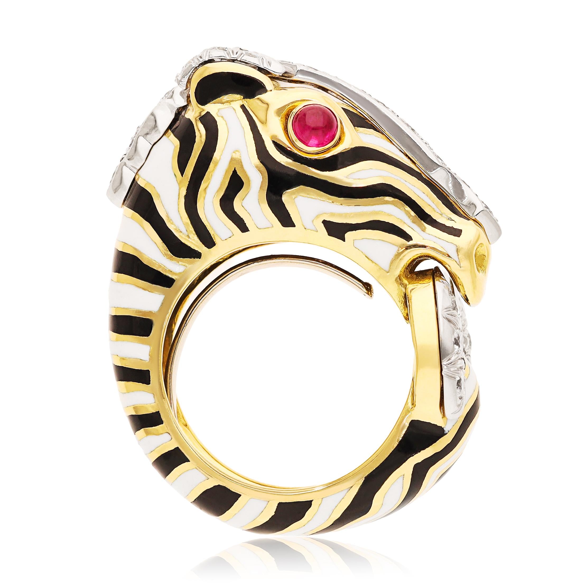 DAVID WEBB 18K Yellow Gold & Platinum Cabochon Ruby and Diamond Zebra Ring