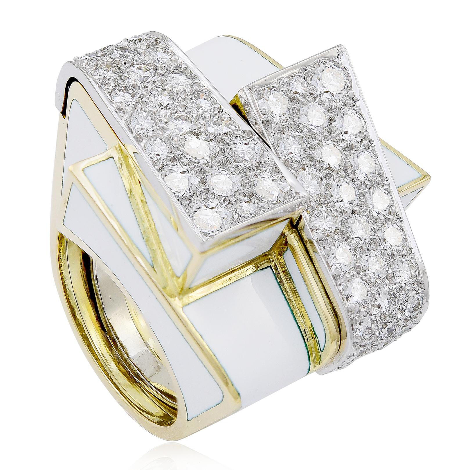 DAVID WEBB 18K Yellow Gold and Platinum Diamond and White Enamel Ski Slope Ring