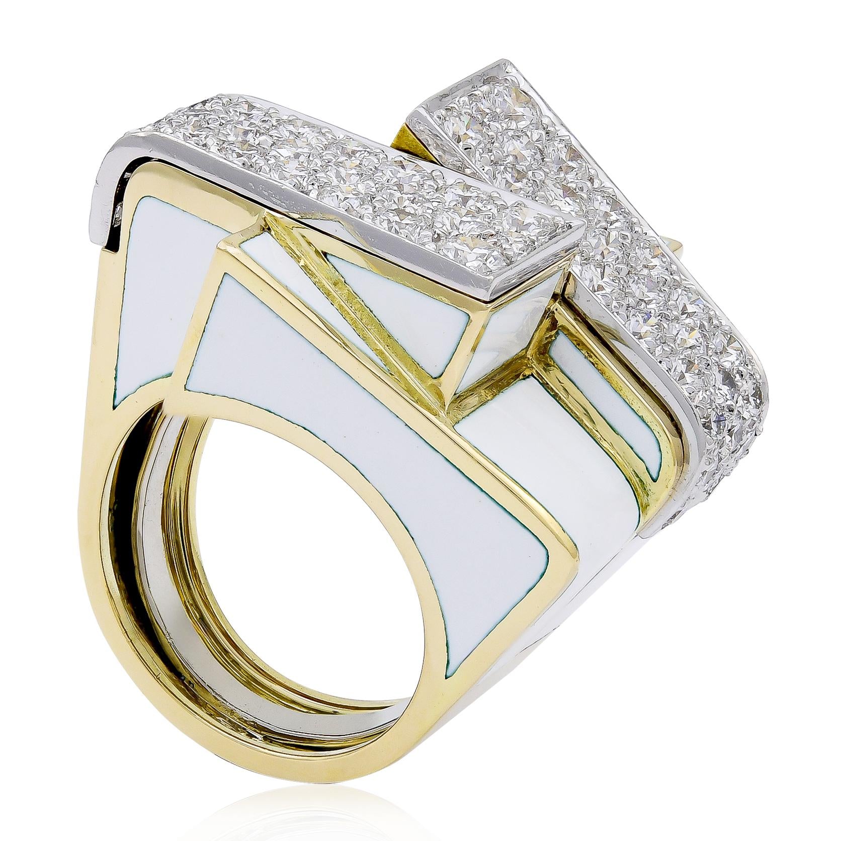 DAVID WEBB 18K Yellow Gold and Platinum Diamond and White Enamel Ski Slope Ring
