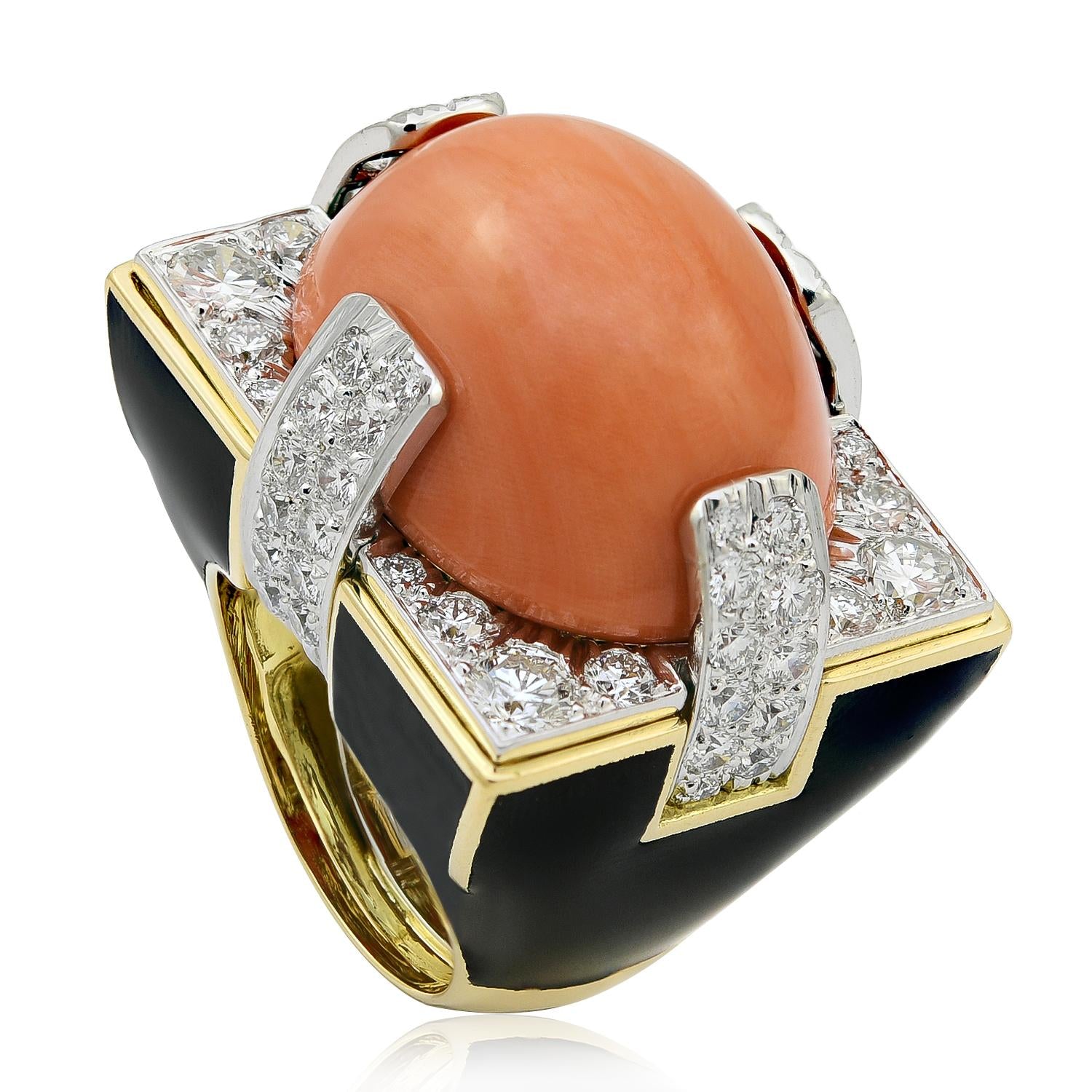 DAVID WEBB Coral, Diamond and Black Enamel Grand Central Ring