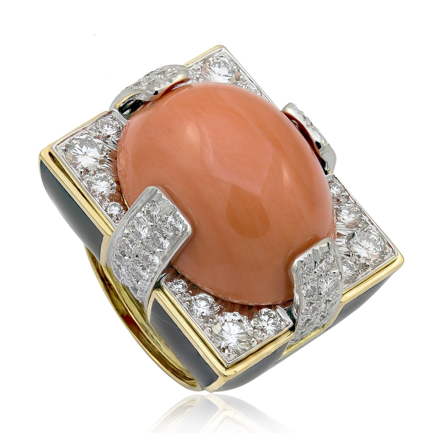 DAVID WEBB Coral, Diamond and Black Enamel Grand Central Ring