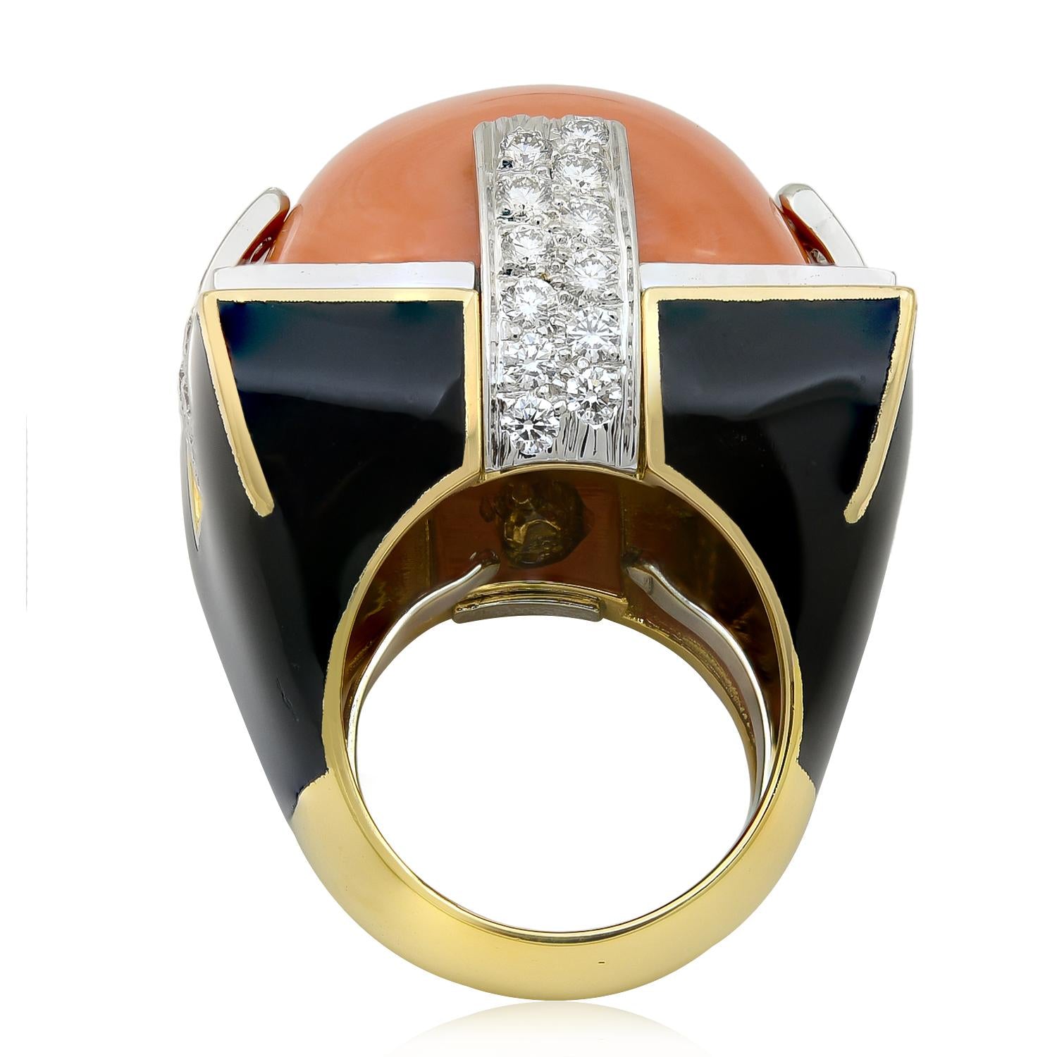 DAVID WEBB Coral, Diamond and Black Enamel Grand Central Ring