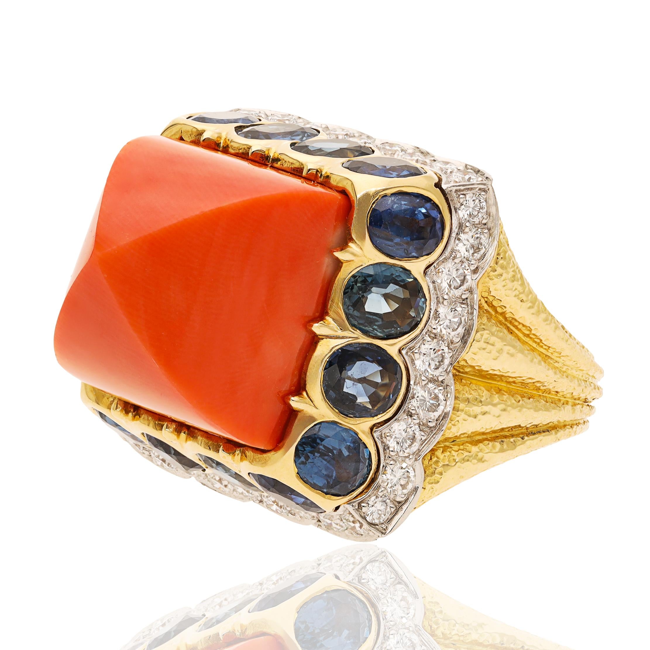DAVID WEBB 18K Yellow Gold & Platinum Sugarloaf Coral, Sapphire and Diamond Ring