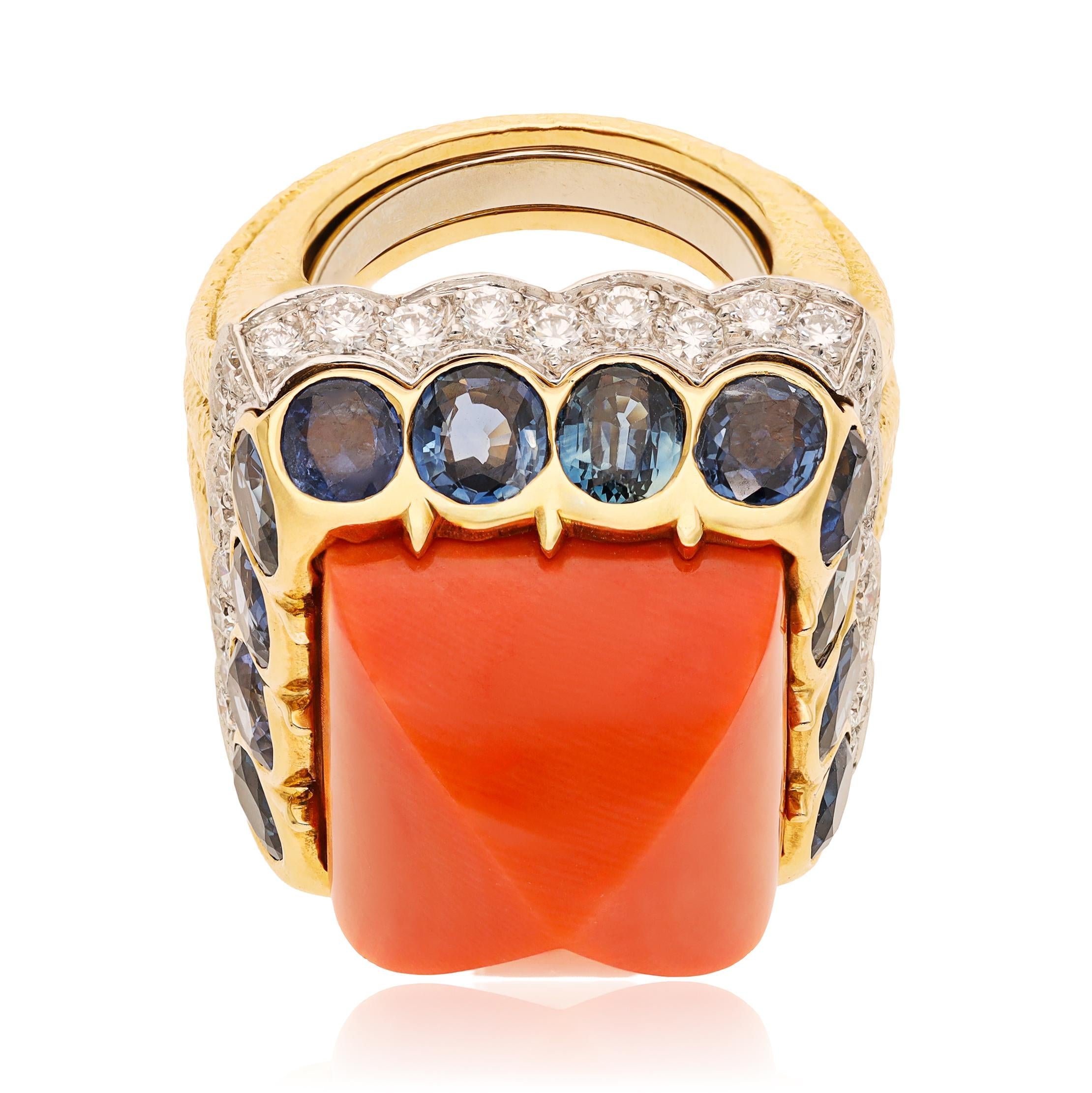 DAVID WEBB 18K Yellow Gold & Platinum Sugarloaf Coral, Sapphire and Diamond Ring
