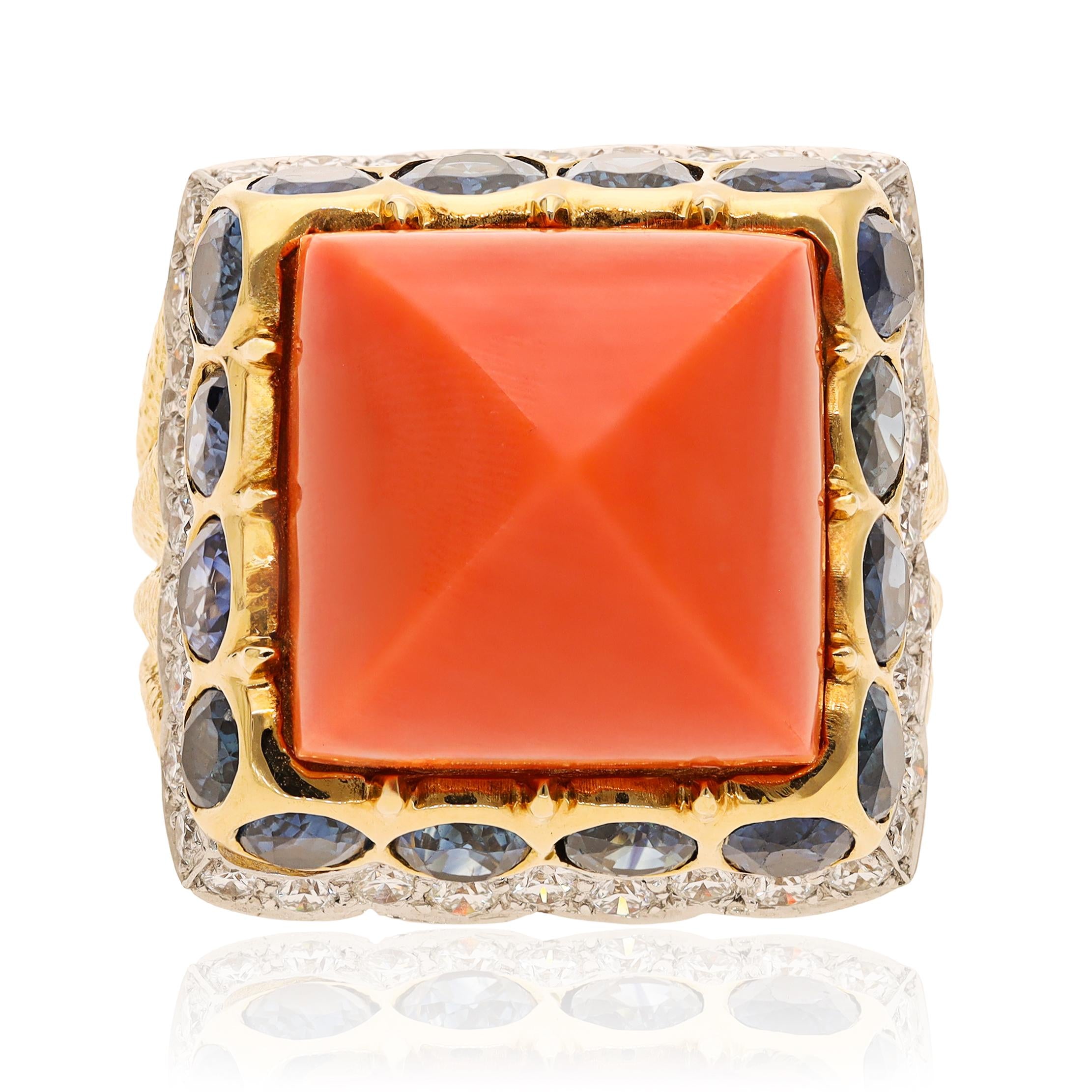 DAVID WEBB 18K Yellow Gold & Platinum Sugarloaf Coral, Sapphire and Diamond Ring