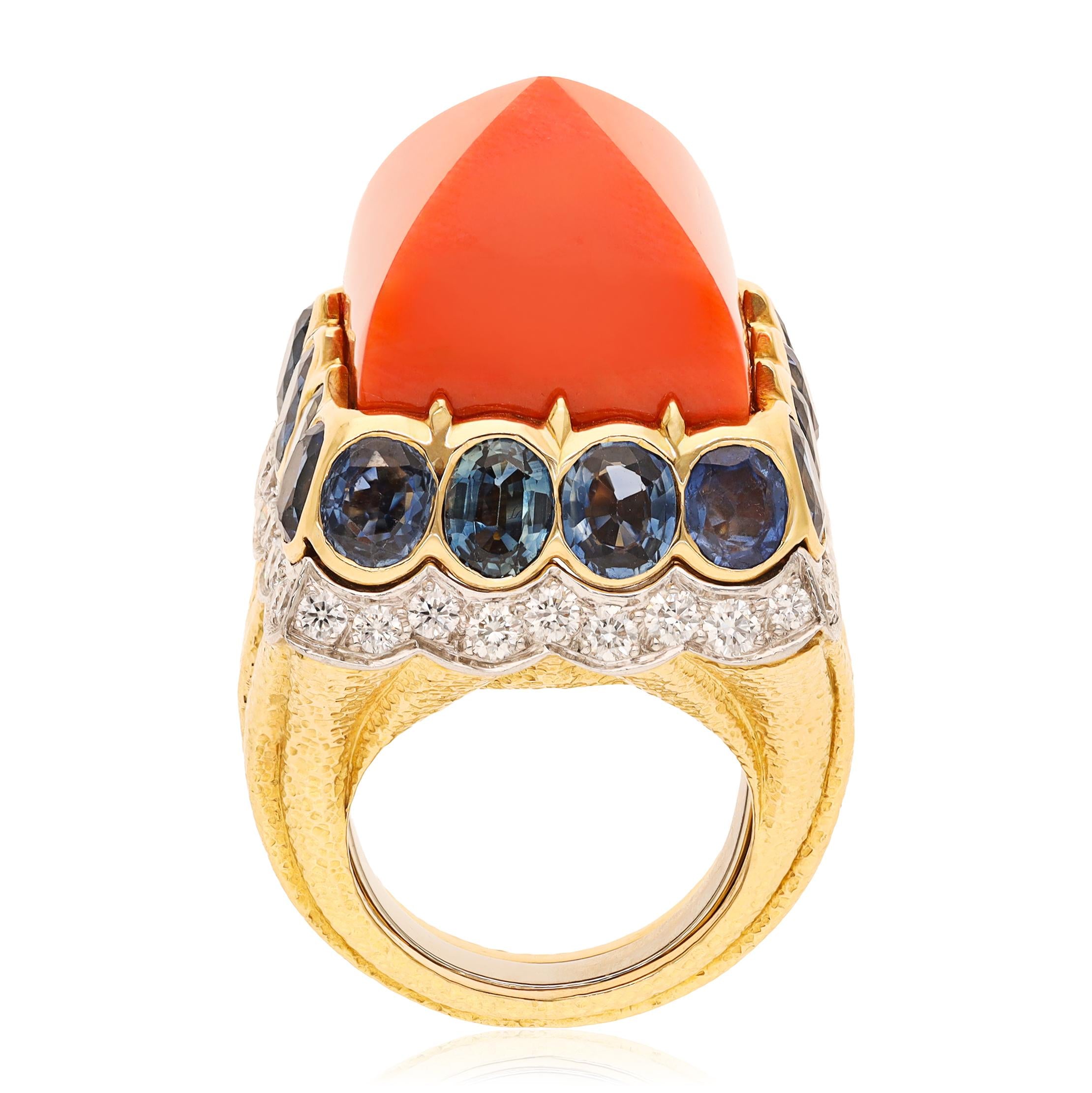 DAVID WEBB 18K Yellow Gold & Platinum Sugarloaf Coral, Sapphire and Diamond Ring