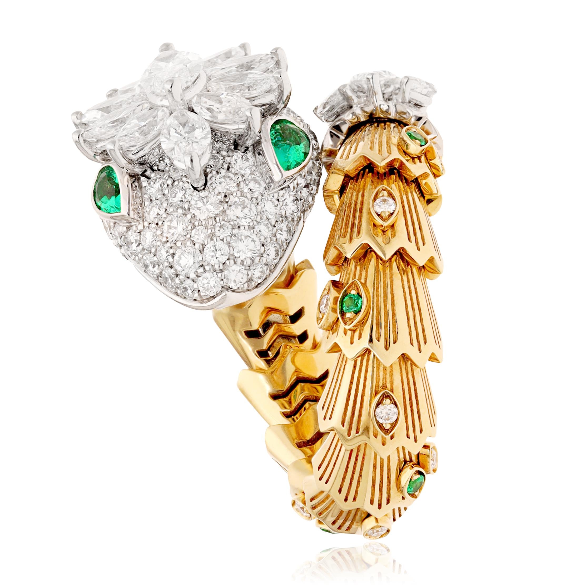 BULGARI 18K Two Tone Diamond and Emerald Serpenti Ring