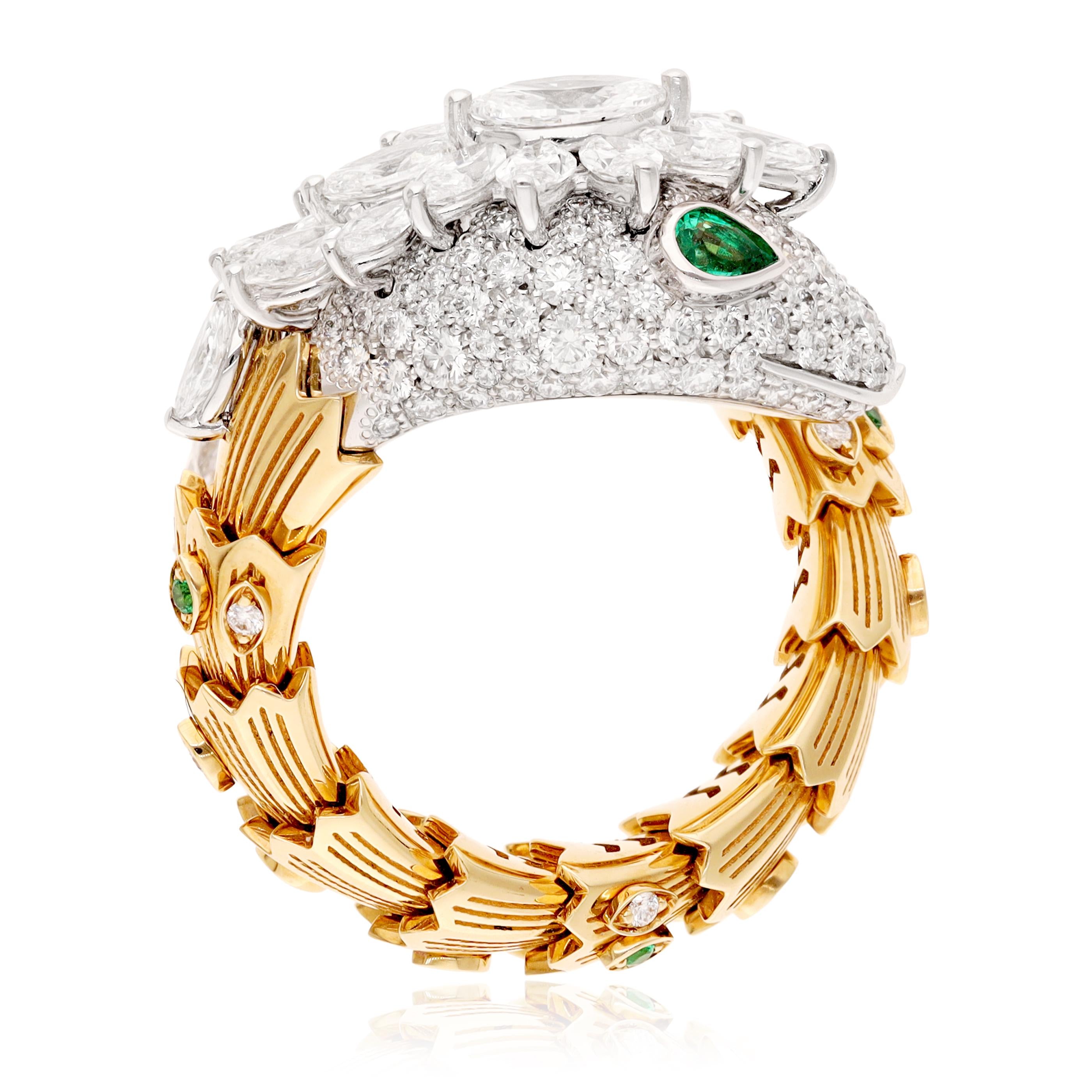 BULGARI 18K Two Tone Diamond and Emerald Serpenti Ring