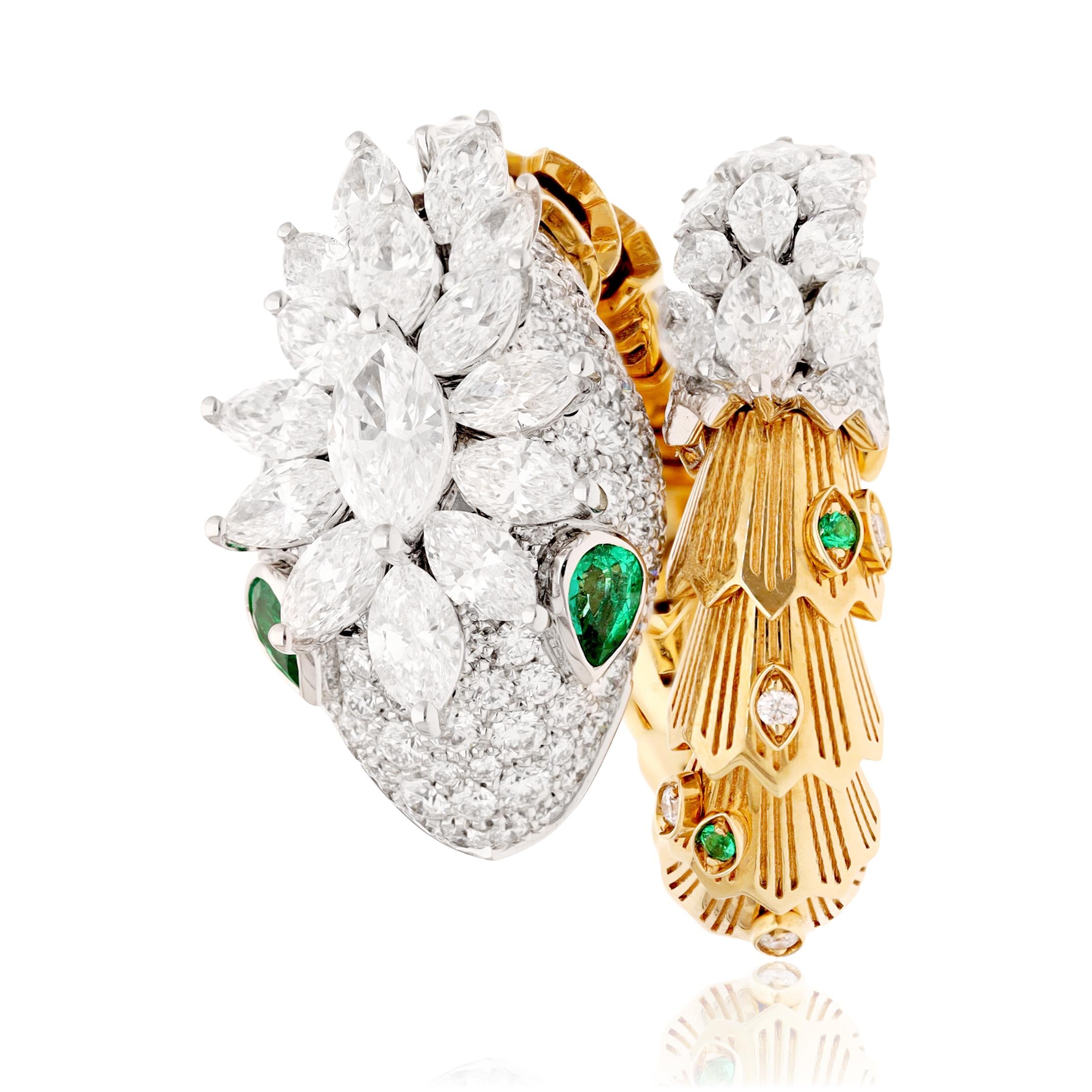 BULGARI 18K Two Tone Diamond and Emerald Serpenti Ring