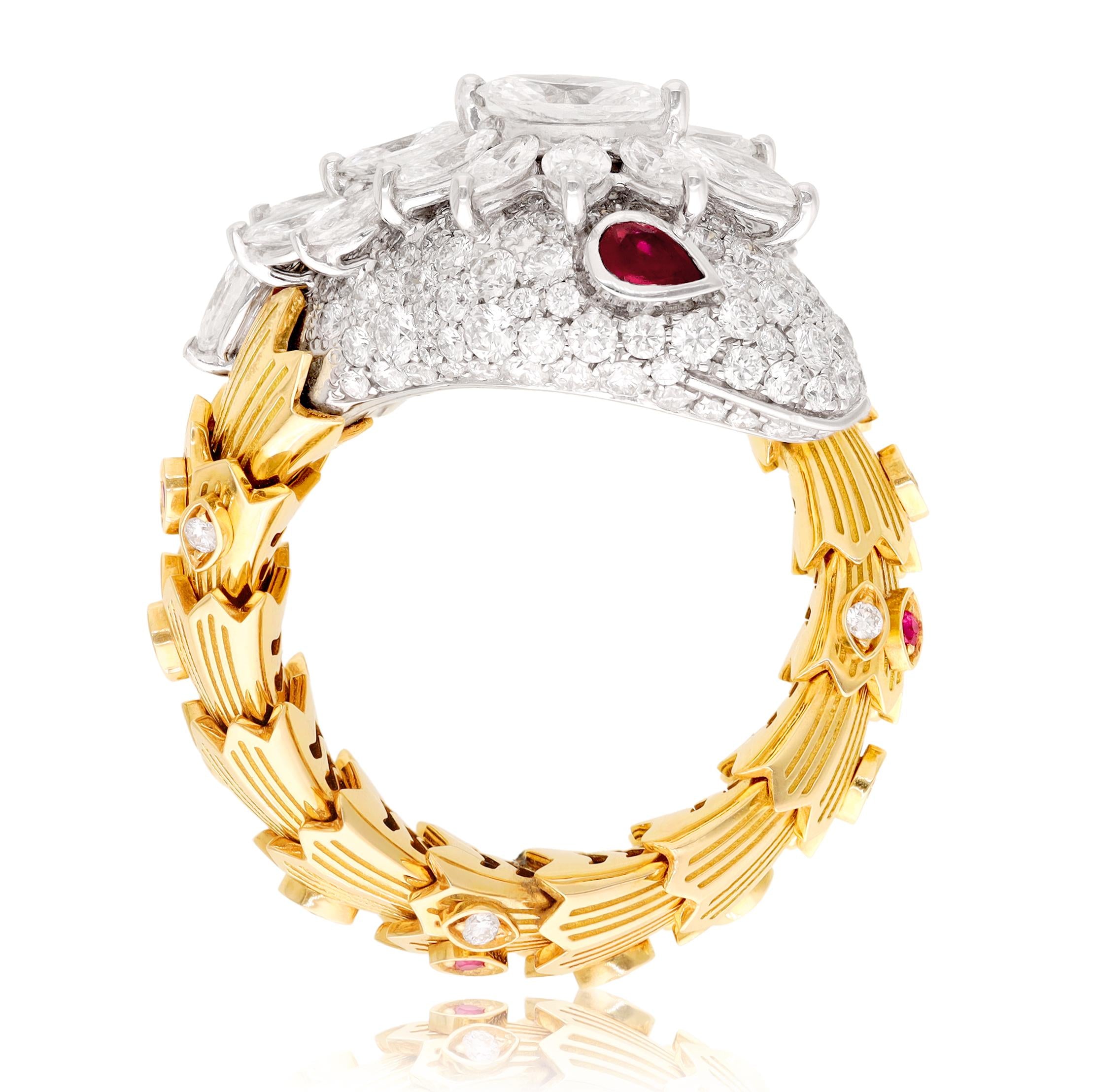 BULGARI 18K Two-Tone Gold, Diamond and Ruby Eyes Serpenti Ring