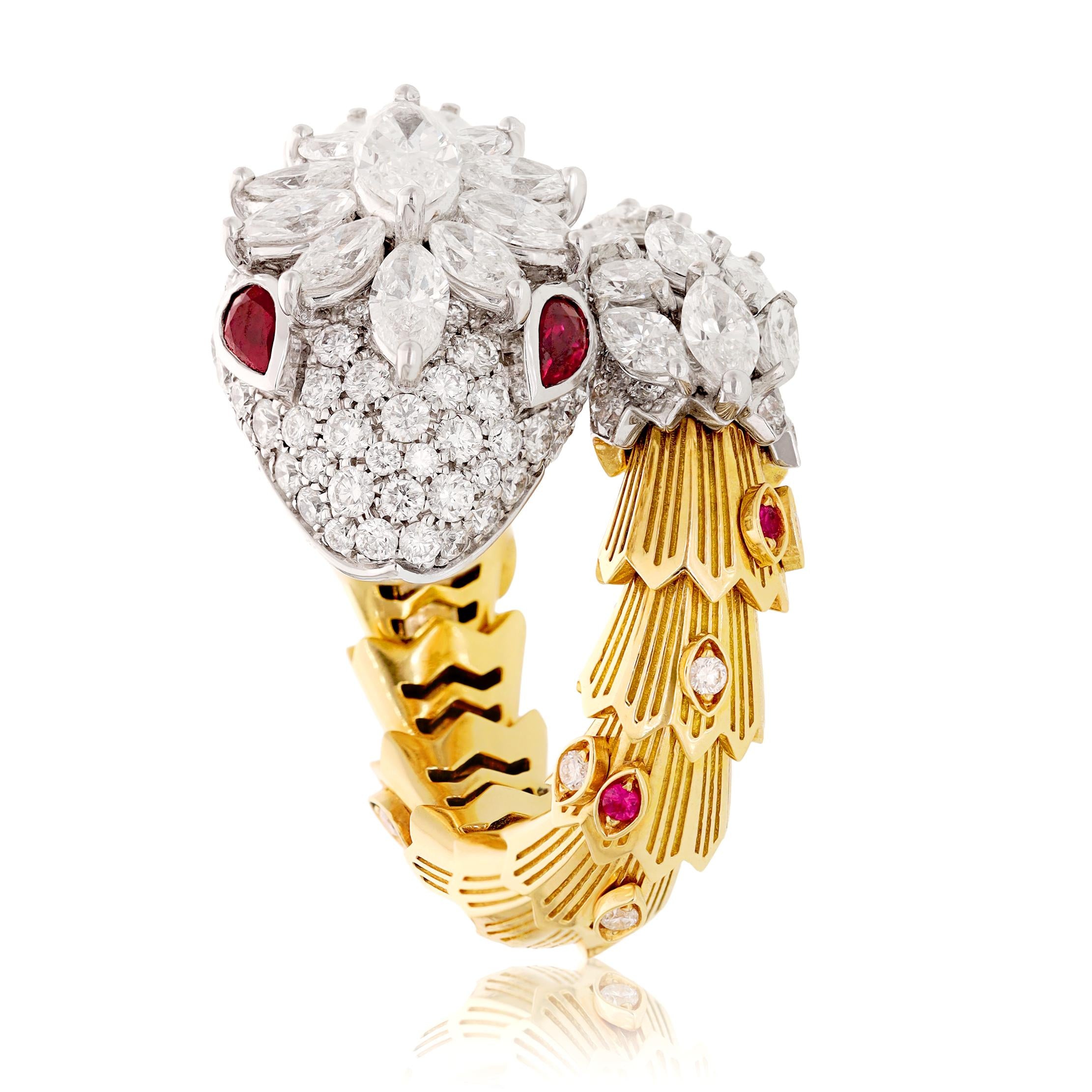 BULGARI 18K Two-Tone Gold, Diamond and Ruby Eyes Serpenti Ring