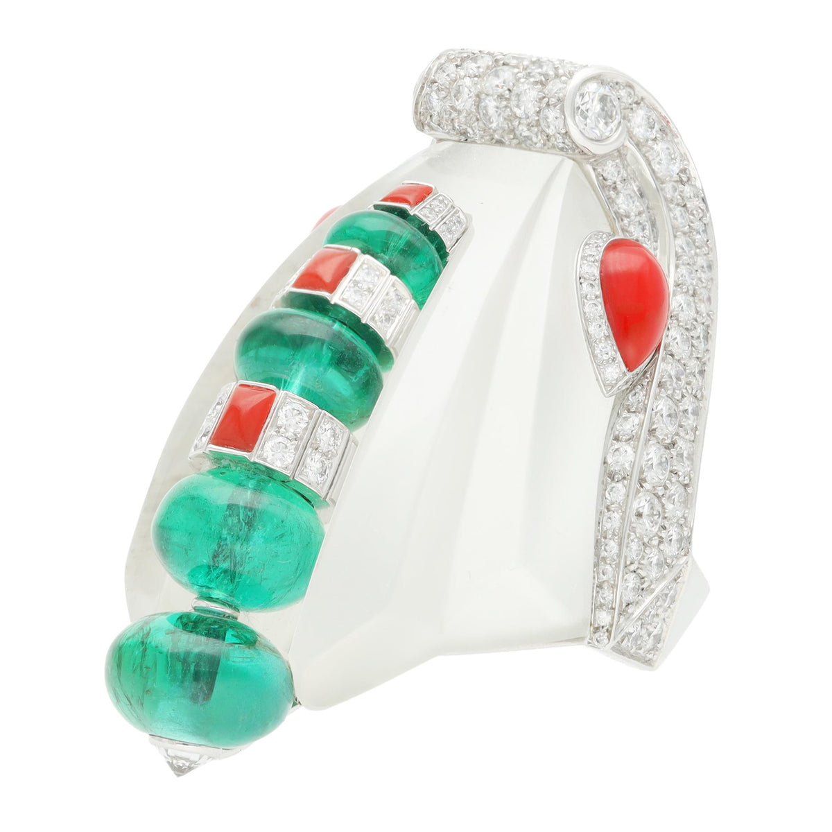 CARTIER 18K White Gold Rock Crystal, Diamond, Coral, and Emerald "Imugi" Ring