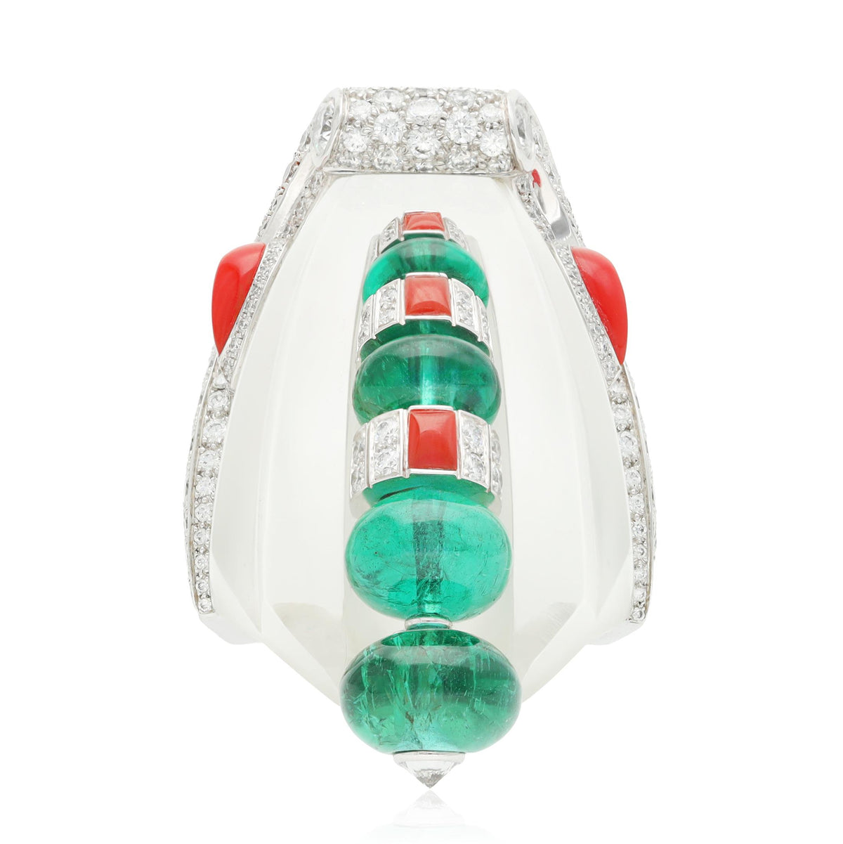 CARTIER 18K White Gold Rock Crystal, Diamond, Coral, and Emerald "Imugi" Ring
