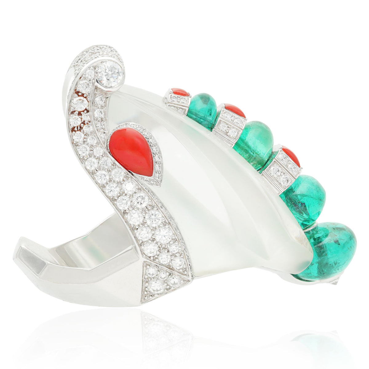 CARTIER 18K White Gold Rock Crystal, Diamond, Coral, and Emerald "Imugi" Ring