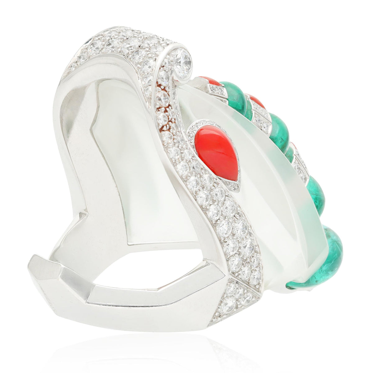 CARTIER 18K White Gold Rock Crystal, Diamond, Coral, and Emerald "Imugi" Ring
