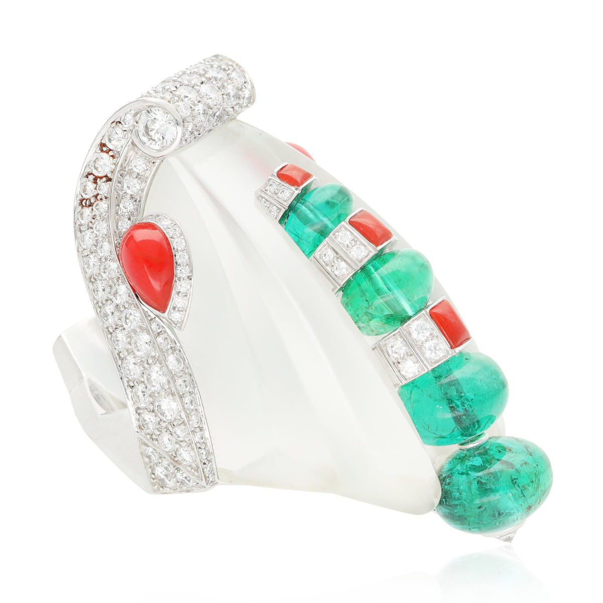 CARTIER 18K White Gold Rock Crystal, Diamond, Coral, and Emerald "Imugi" Ring