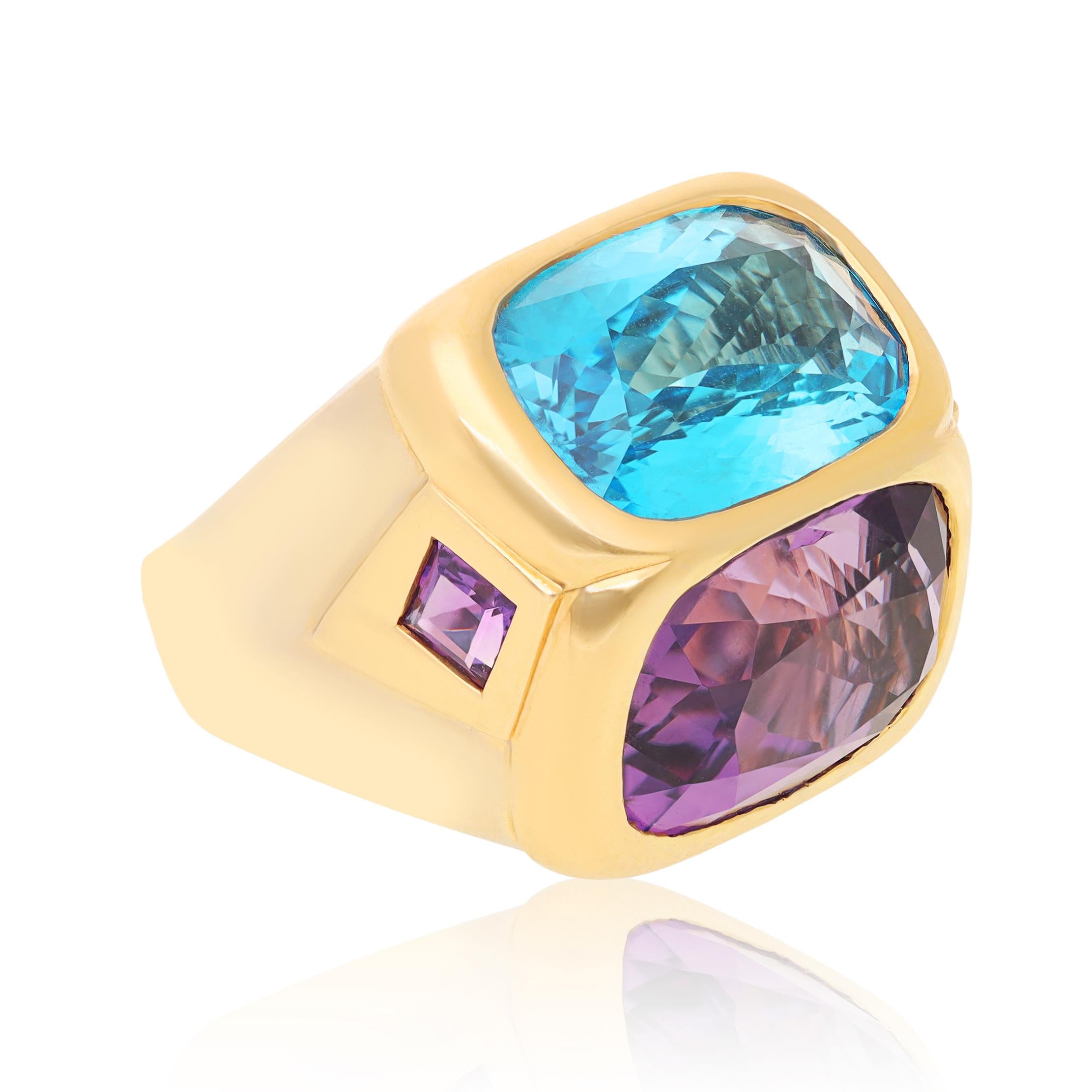 MARINA B. 18K Two Tone Gold, Amethyst and Blue Topaz Ring
